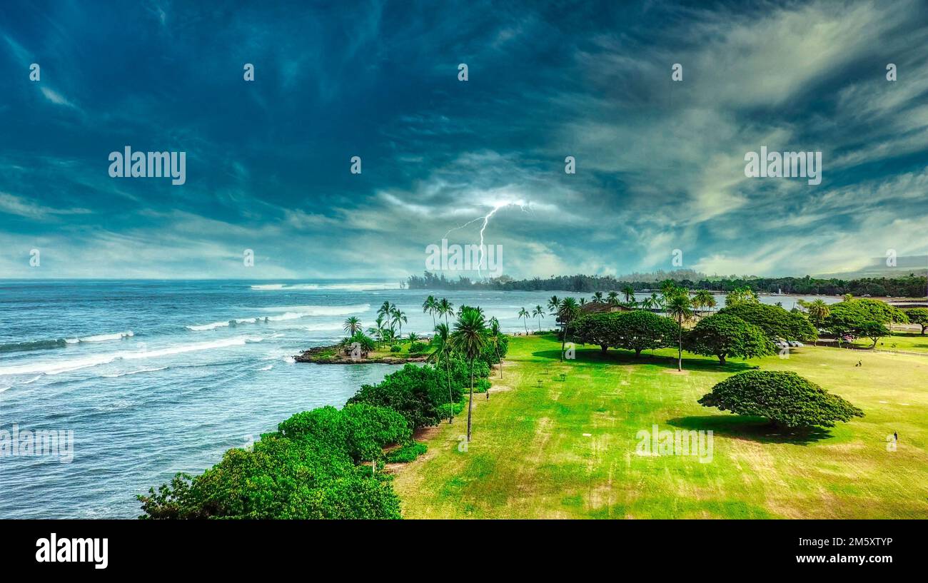 A tropical storm on the northern shore of Oahu island