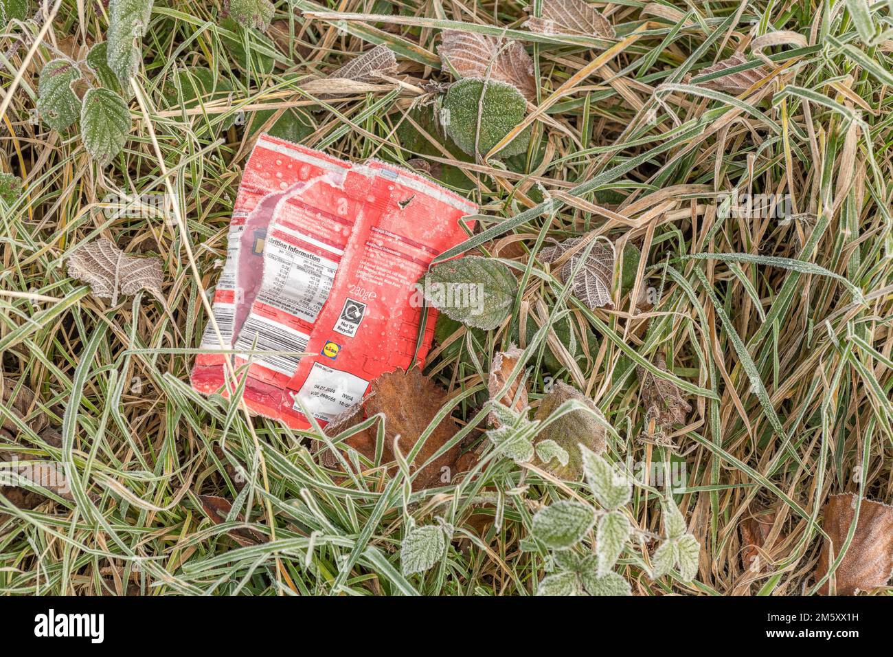 Single use foil-wrap plastic food packaging in grass verge of a country road. For environmental pollution in UK countryside. Clean Up Britain. Stock Photo