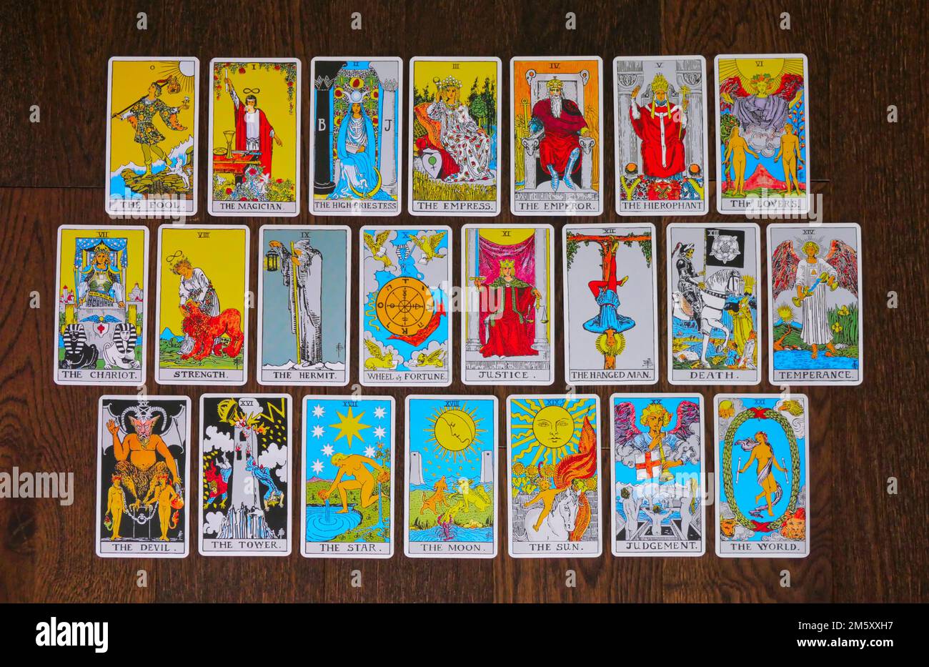 Overhead flat lay of the 22 Major Arcana cards of a Tarot deck laid out on a wooden background Stock Photo