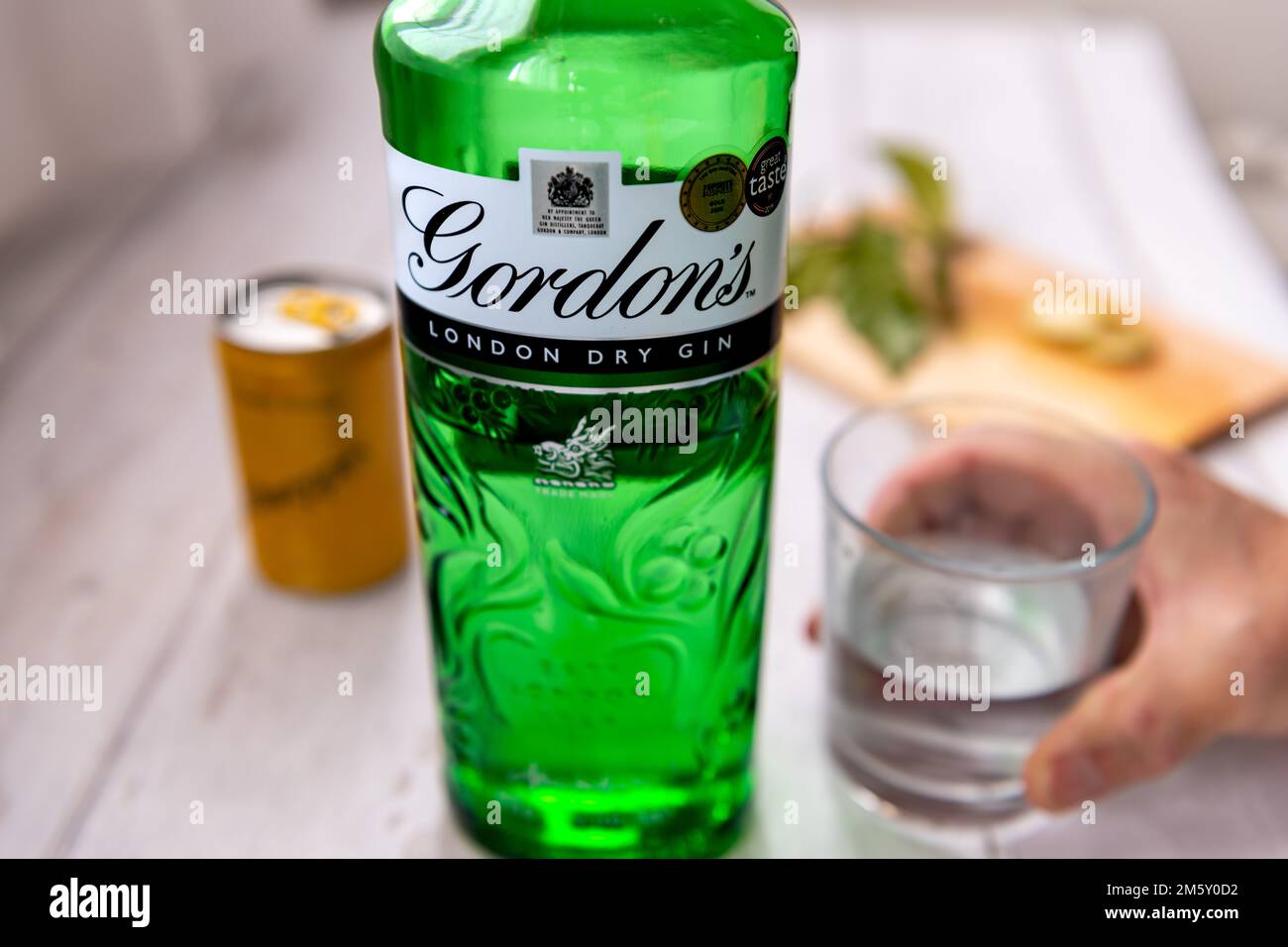 London. UK- 12.31.2022. A bottle of Gordon's London Dry Gin which usually goes with tonic water and lemon. Stock Photo