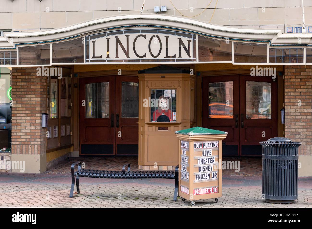 Mt. Vernon, WA USA Dec. 14 2022: The Lincoln Theatre Building box office, established in 1926 Stock Photo