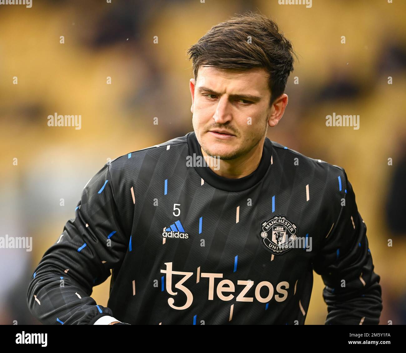 Harry Maguire #5 of Manchester United during the pre-game warmup ahead 
