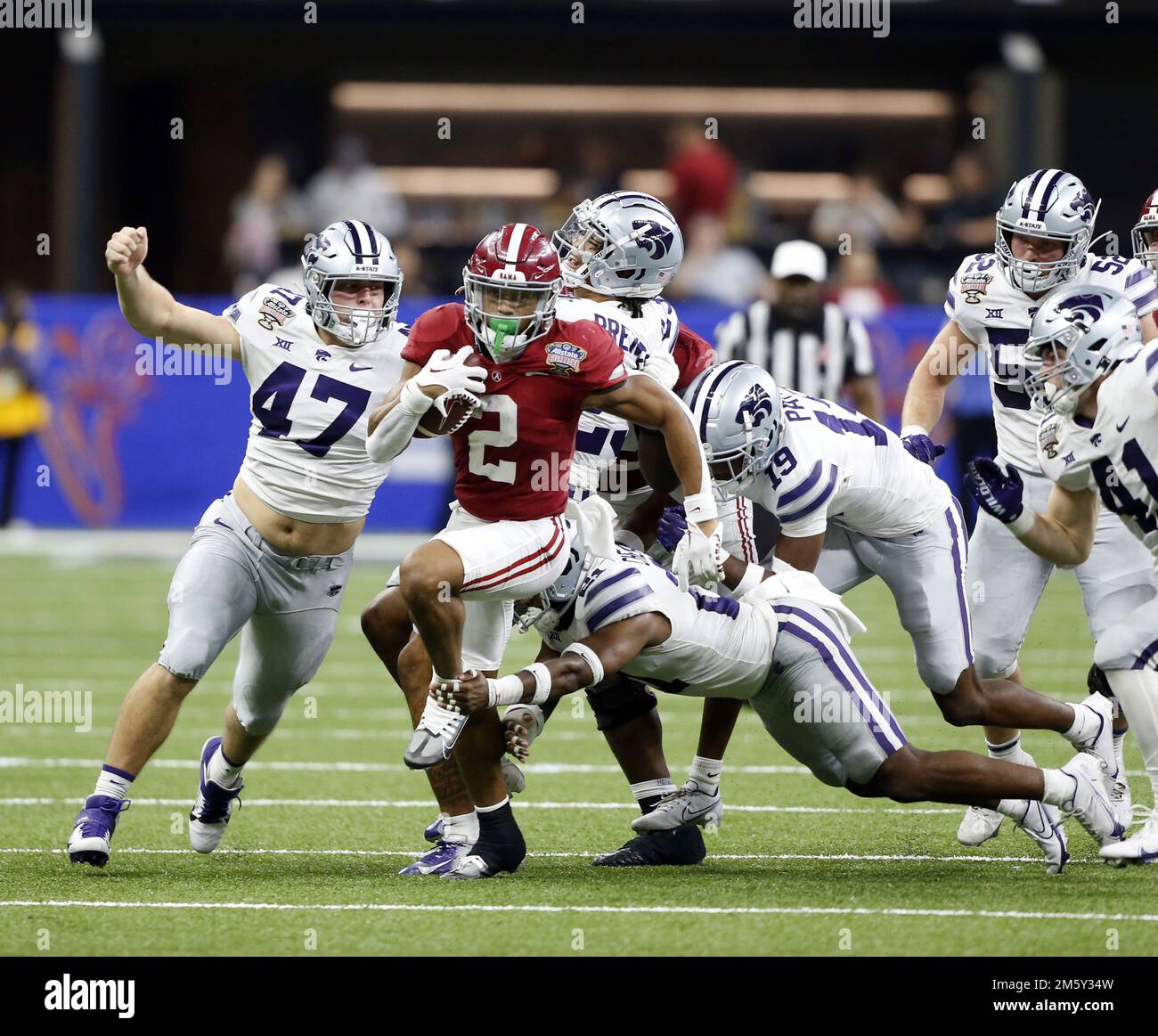 New Orleans, United States. 01st Jan, 2023. Alabama Crimson Tide running back Jase McClellan (2) outruns the Kansas State Wildcats defensive unit during the Sugar Bowl at the Caesars Superdome in New Orleans on Saturday, December 31, 2022. Photo by AJ Sisco/UPI Credit: UPI/Alamy Live News Stock Photo