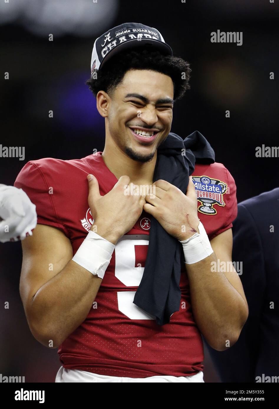 New Orleans, United States. 01st Jan, 2023. Alabama Crimson Tide quarterback Bryce Young (9) enjoys the victory over the Kansas State Wildcats after the Sugar Bowl at the Caesars Superdome in New Orleans on Saturday, December 31, 2022. Photo by AJ Sisco/UPI Credit: UPI/Alamy Live News Stock Photo