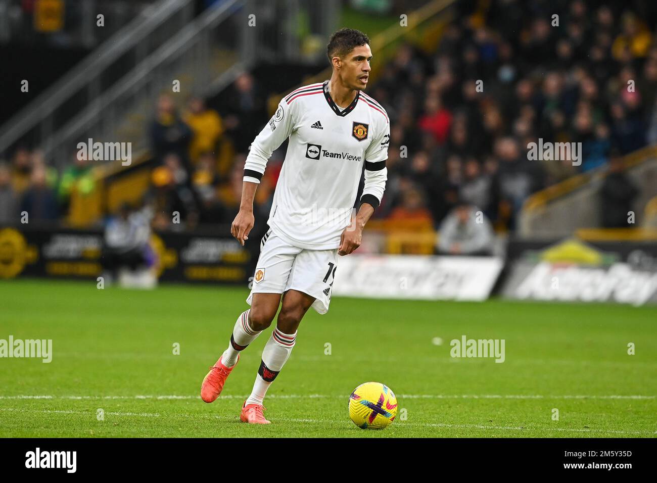 Raphael Varane #19 of Manchester United in action during the Premier League  match Wolverhampton Wanderers vs Manchester United at Molineux,  Wolverhampton, United Kingdom, 31st December 2022 (Photo by Craig  Thomas/News Images Stock