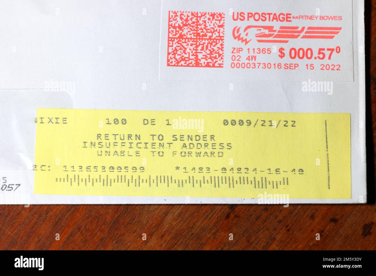 A Return to Sender Insufficient Address Unable to Forward sticker on a letter sent through the US Postal Service. Stock Photo