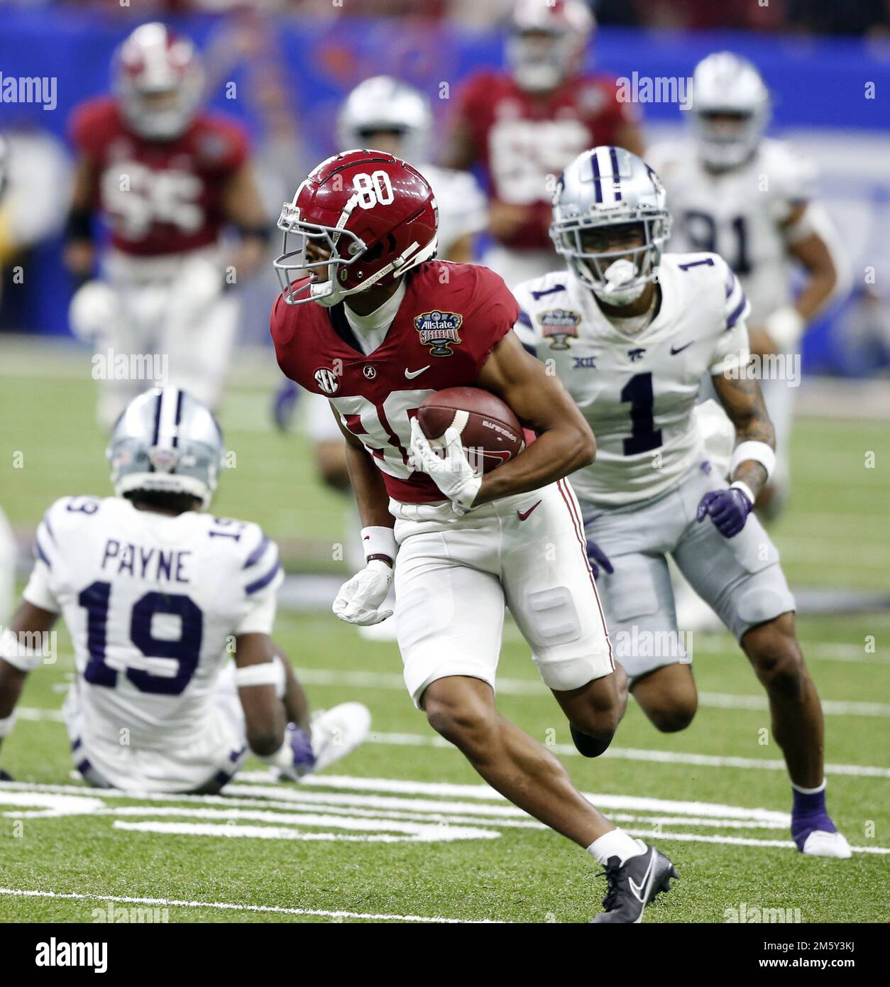 New Orleans, United States. 01st Jan, 2023. Alabama Crimson Tide wide receiver Kobe Prentice (80) scores a late touchdown against the Kansas State Wildcats during the Sugar Bowl at the Caesars Superdome in New Orleans on Saturday, December 31, 2022. Photo by AJ Sisco/UPI Credit: UPI/Alamy Live News Stock Photo