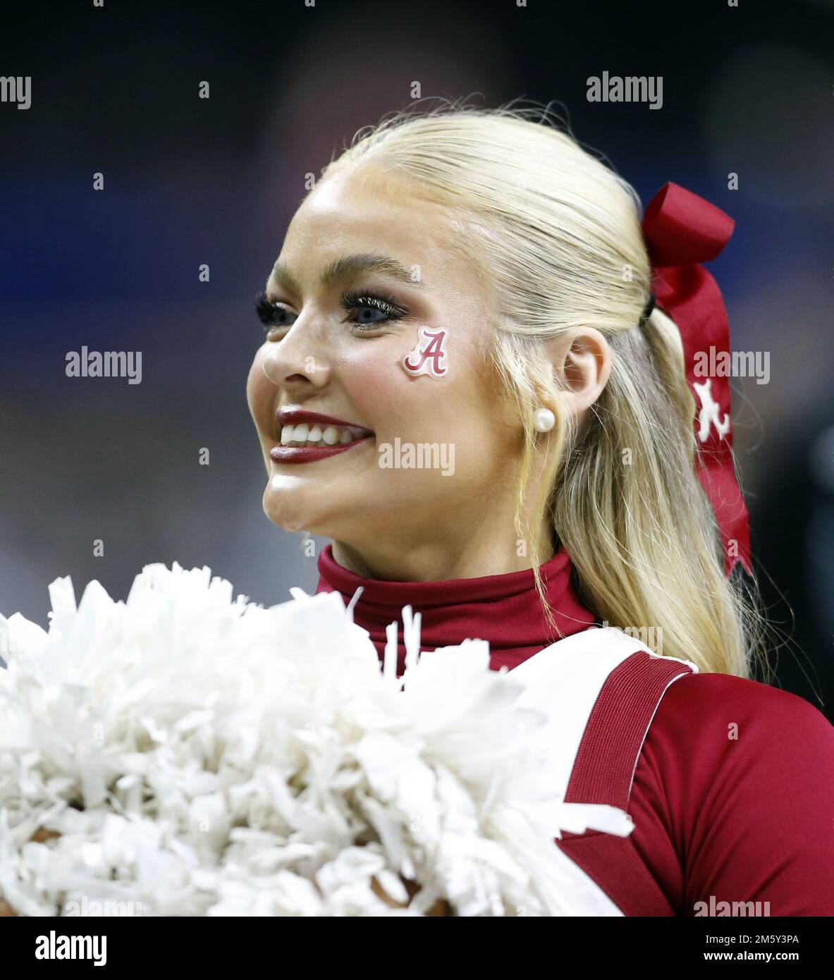 New Orleans, United States. 01st Jan, 2023. Alabama Crimson Tide cheerleader works the crowd during the game with the Kansas State Wildcats during the Sugar Bowl at the Caesars Superdome in New Orleans on Saturday, December 31, 2022. Photo by AJ Sisco/UPI Credit: UPI/Alamy Live News Stock Photo
