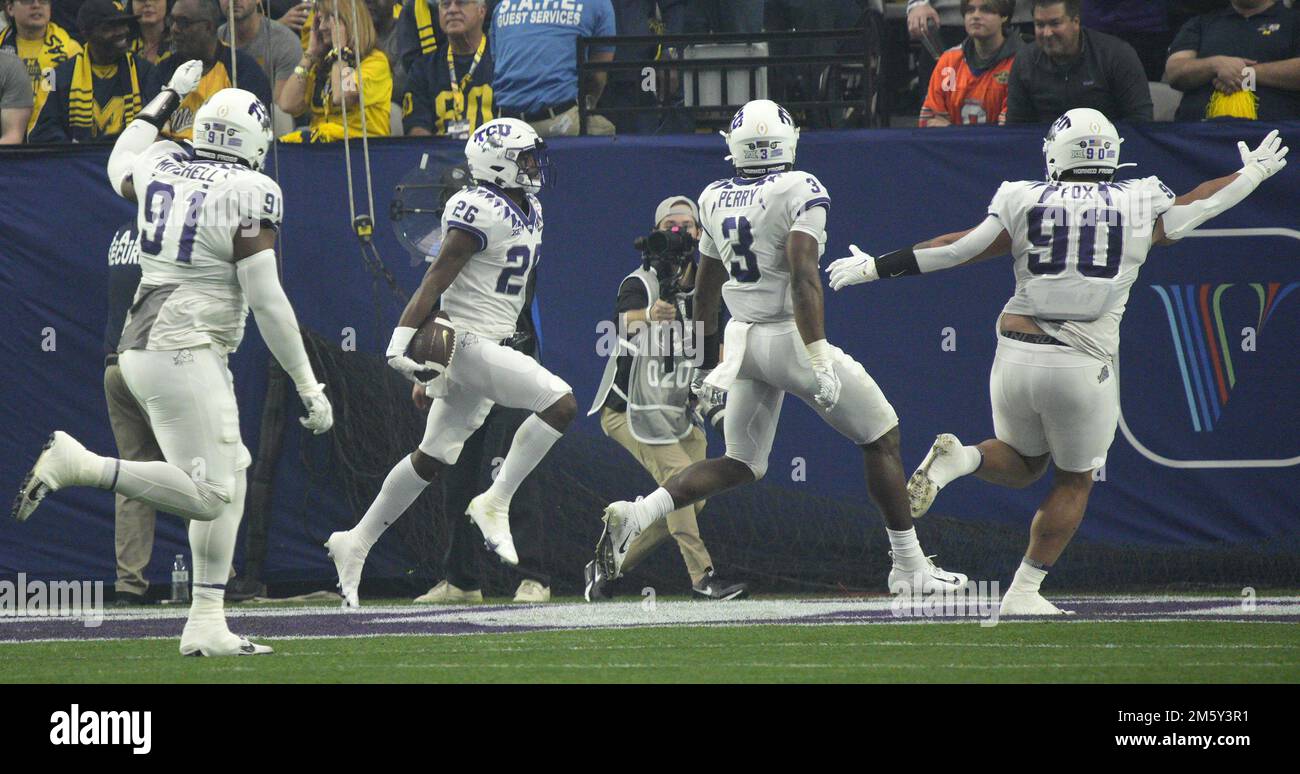 Glendale, United States. 31st Dec, 2022. TCU safety Bud Clark returns an interception 41-yards for a touchdown against the Michigan Wolverines during the first quarter at the CFP Semifinal Vrbo Fiesta Bowl at State Farm Stadium in Glendale, Arizona on Saturday December 31, 2022. Photo by Bob Strong/UPI Credit: UPI/Alamy Live News Stock Photo