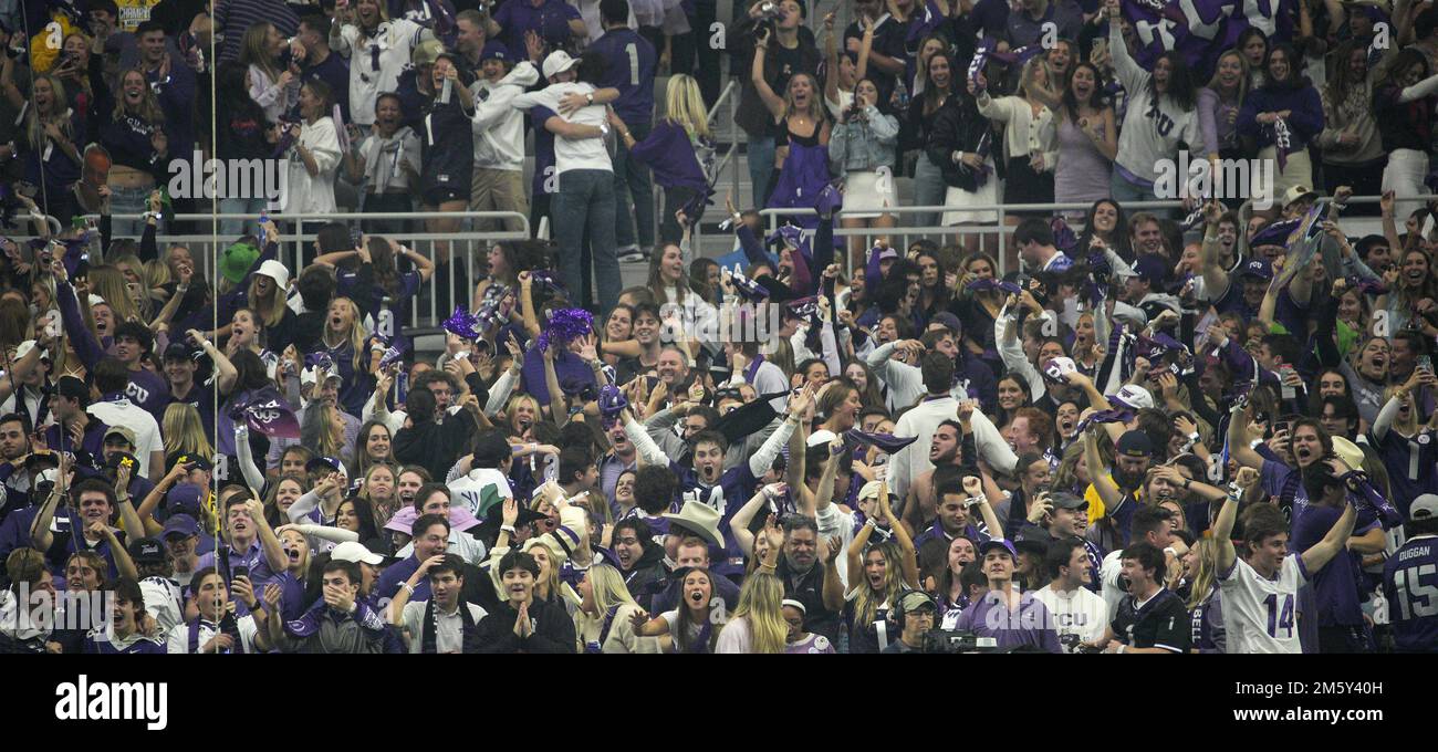 Glendale, United States. 31st Dec, 2022. TCU fans erupt after scoring on a pick six 41-yard interception against the Michigan Wolverines during the first quarter at the CFP Semifinal Vrbo Fiesta Bowl at State Farm Stadium in Glendale, Arizona on Saturday December 31, 2022. Photo by Bob Strong/UPI Credit: UPI/Alamy Live News Stock Photo