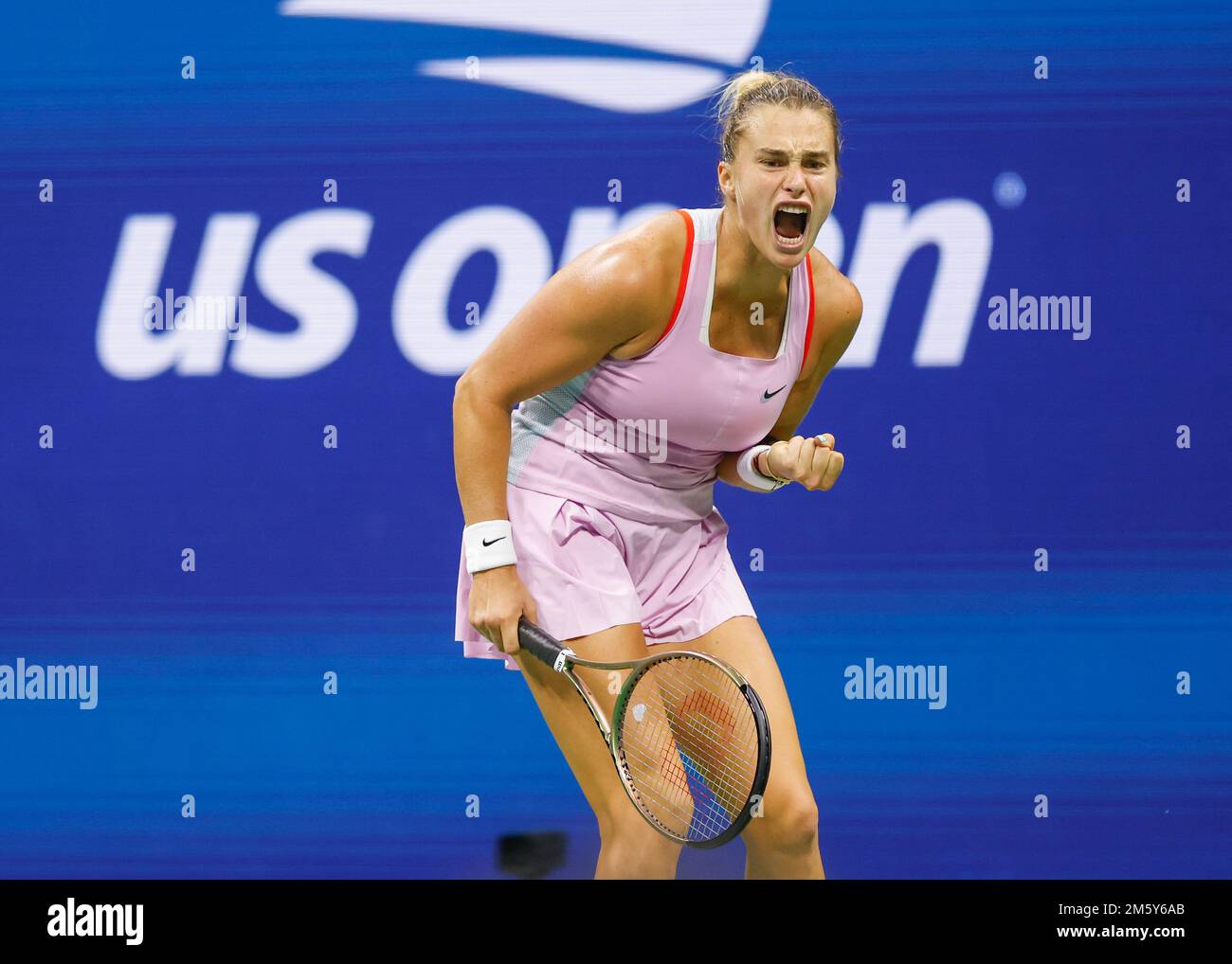 Aryna Sabalenka celebrating at the 2022 US Open tennis tournament, New