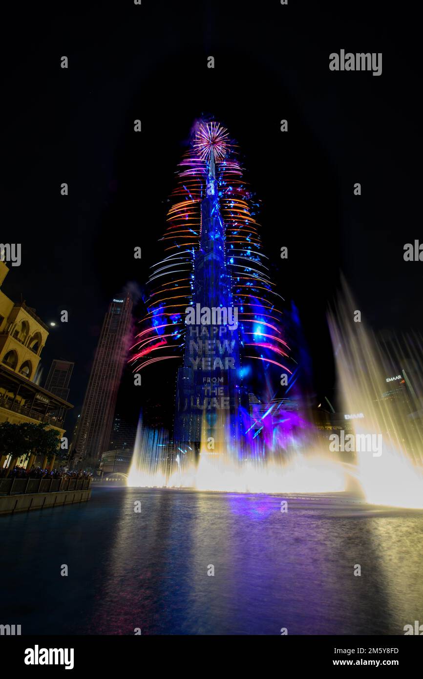 Dubai, UAE, 1st January 2023. A fireworks display by a