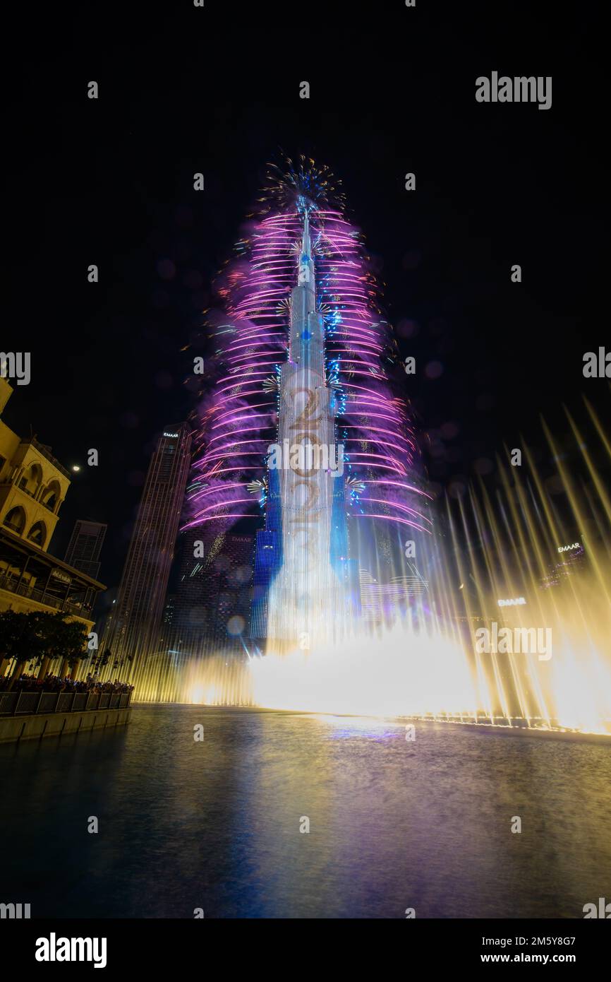 Dubai, UAE, 1st January 2023. A fireworks display by a