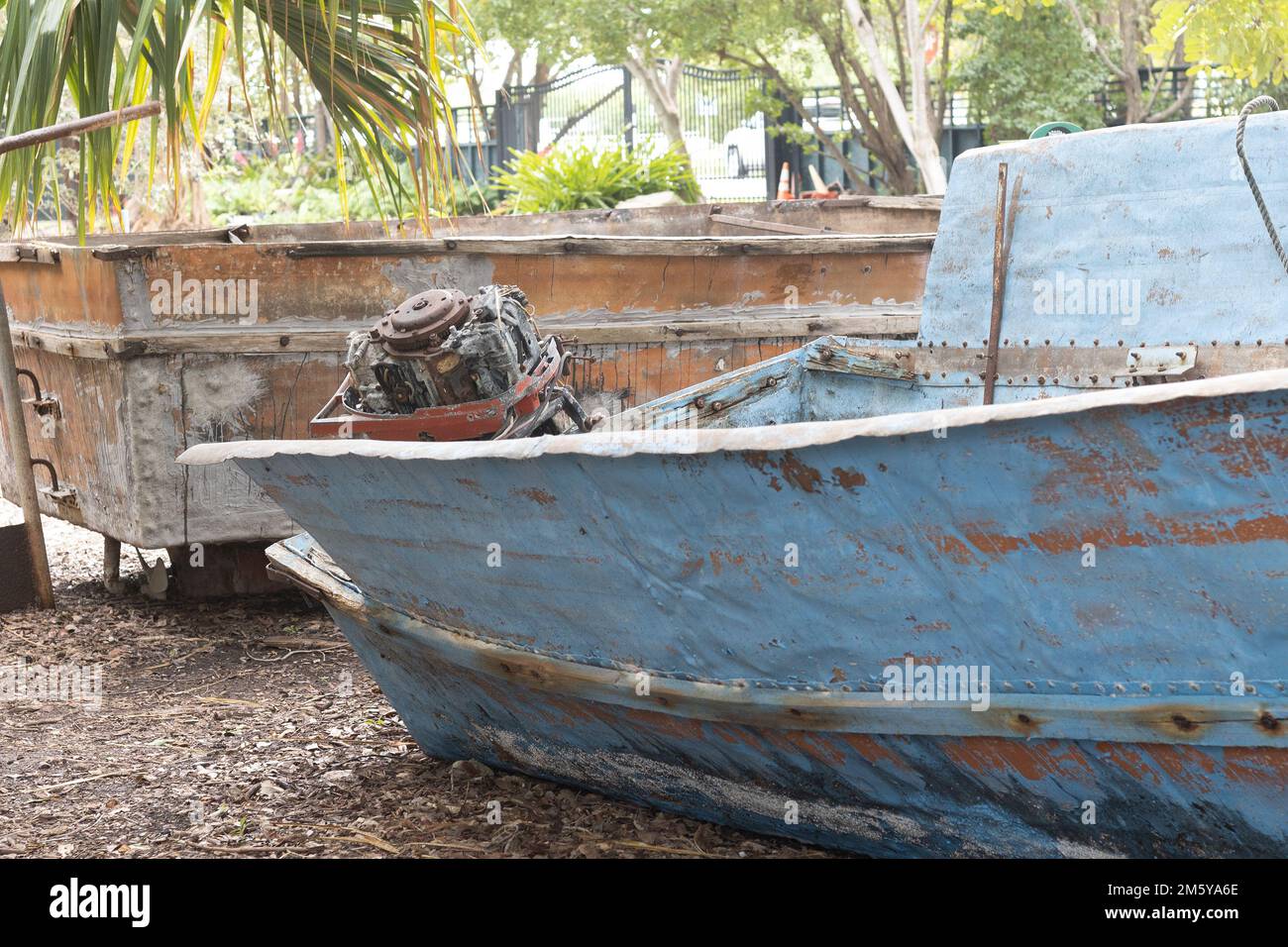 A display of chug boats - Cuban refugee boats - in Key West, Florida. Stock Photo