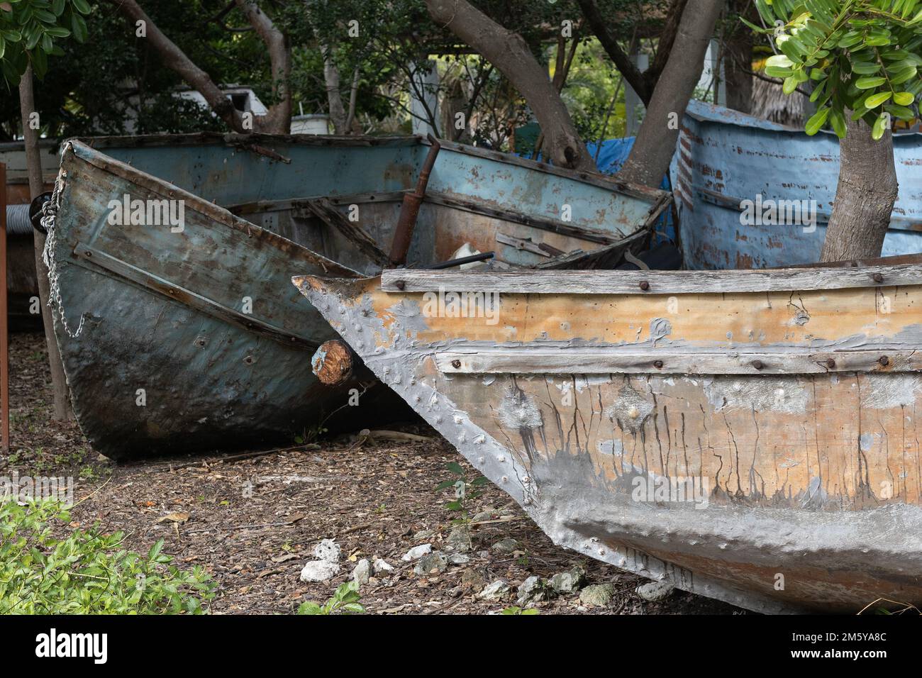 A display of chug boats - Cuban refugee boats - in Key West, Florida. Stock Photo