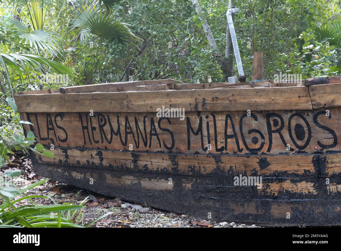 A chug boat - Cuban Refugee boat - on display in Marathon, Florida. Stock Photo