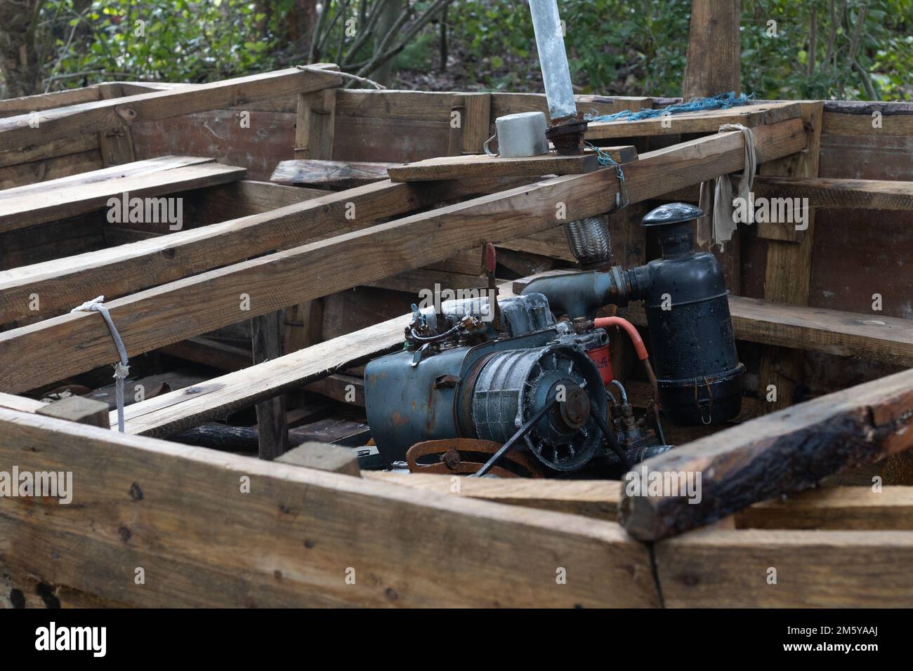 A chug boat - Cuban Refugee boat - on display in Marathon, Florida. Stock Photo