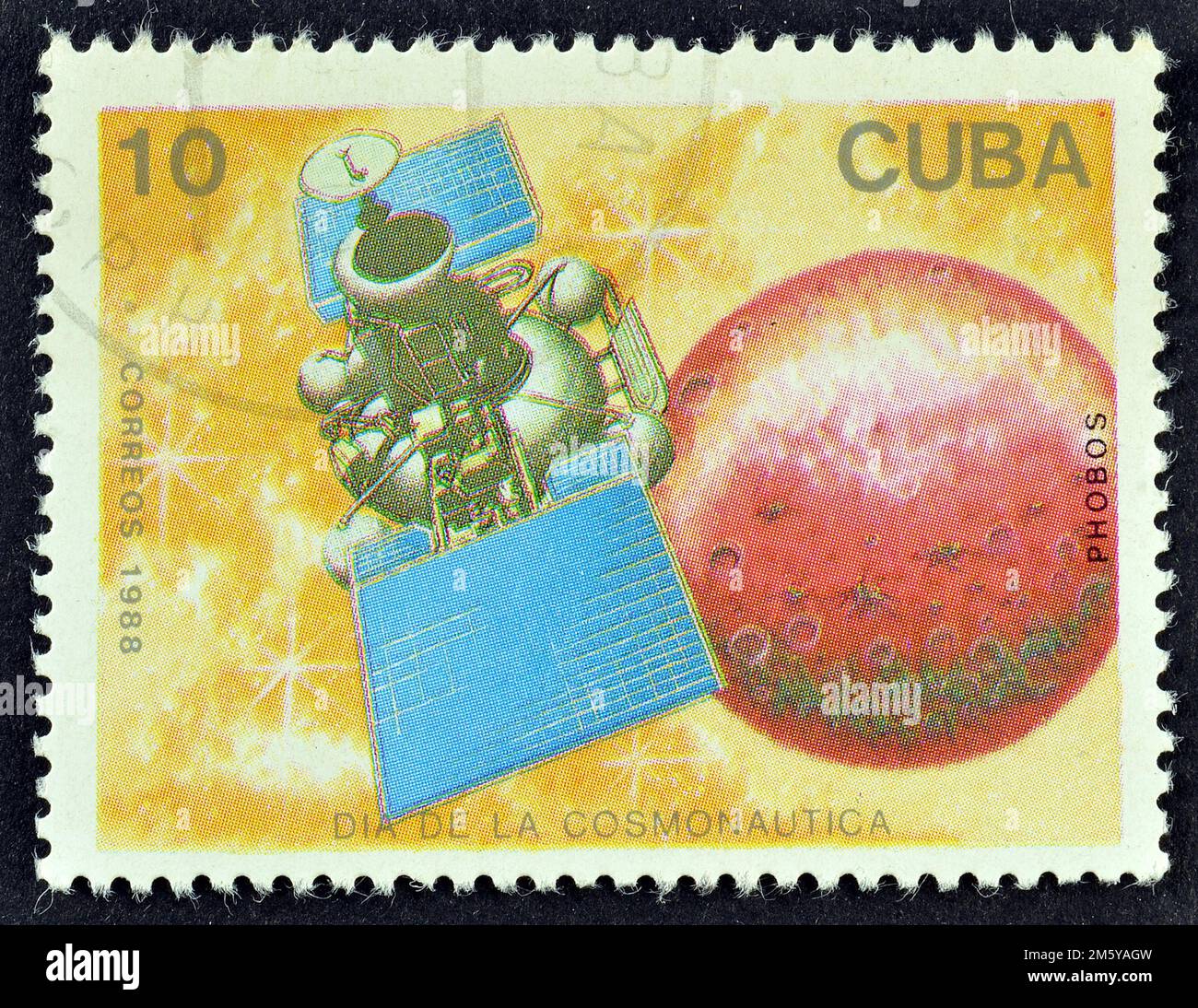 Cancelled postage stamp printed by Cuba, that shows Phobos, Satellites and Space Probes, circa 1988. Stock Photo