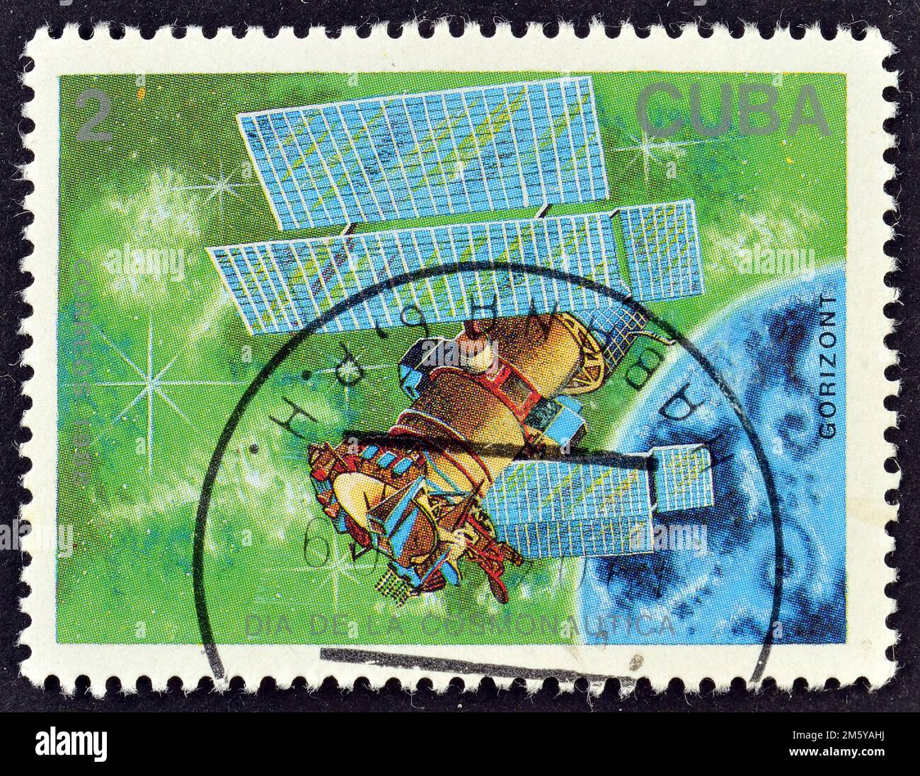 Cancelled postage stamp printed by Cuba, that shows Satellite Horizon, Satellites and Space Probes, circa 1988. Stock Photo