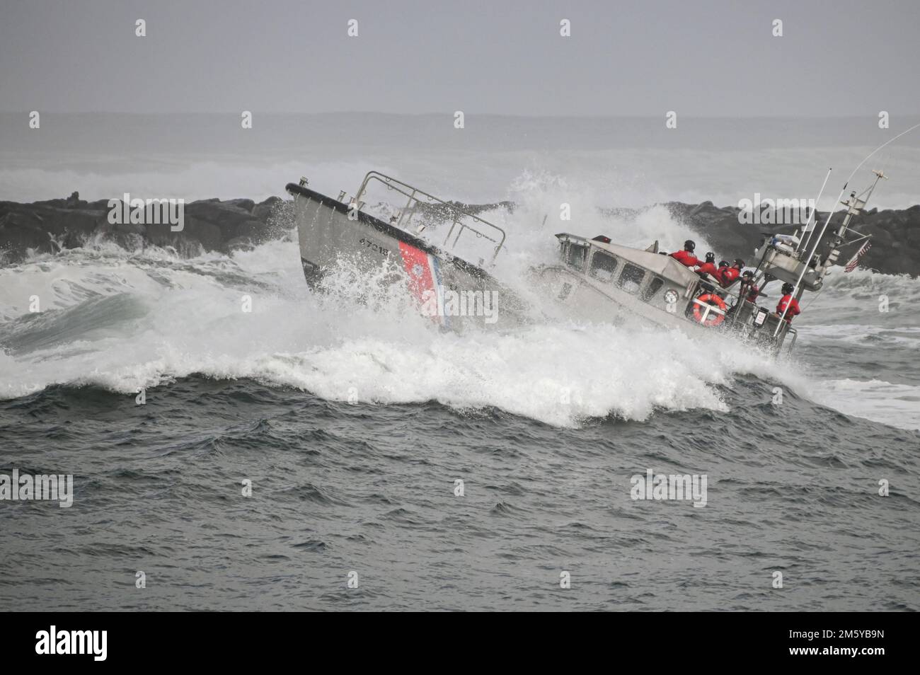 A crew aboard a 47foot Motor Lifeboat from Coast Guard Station Umpqua River conducts surf