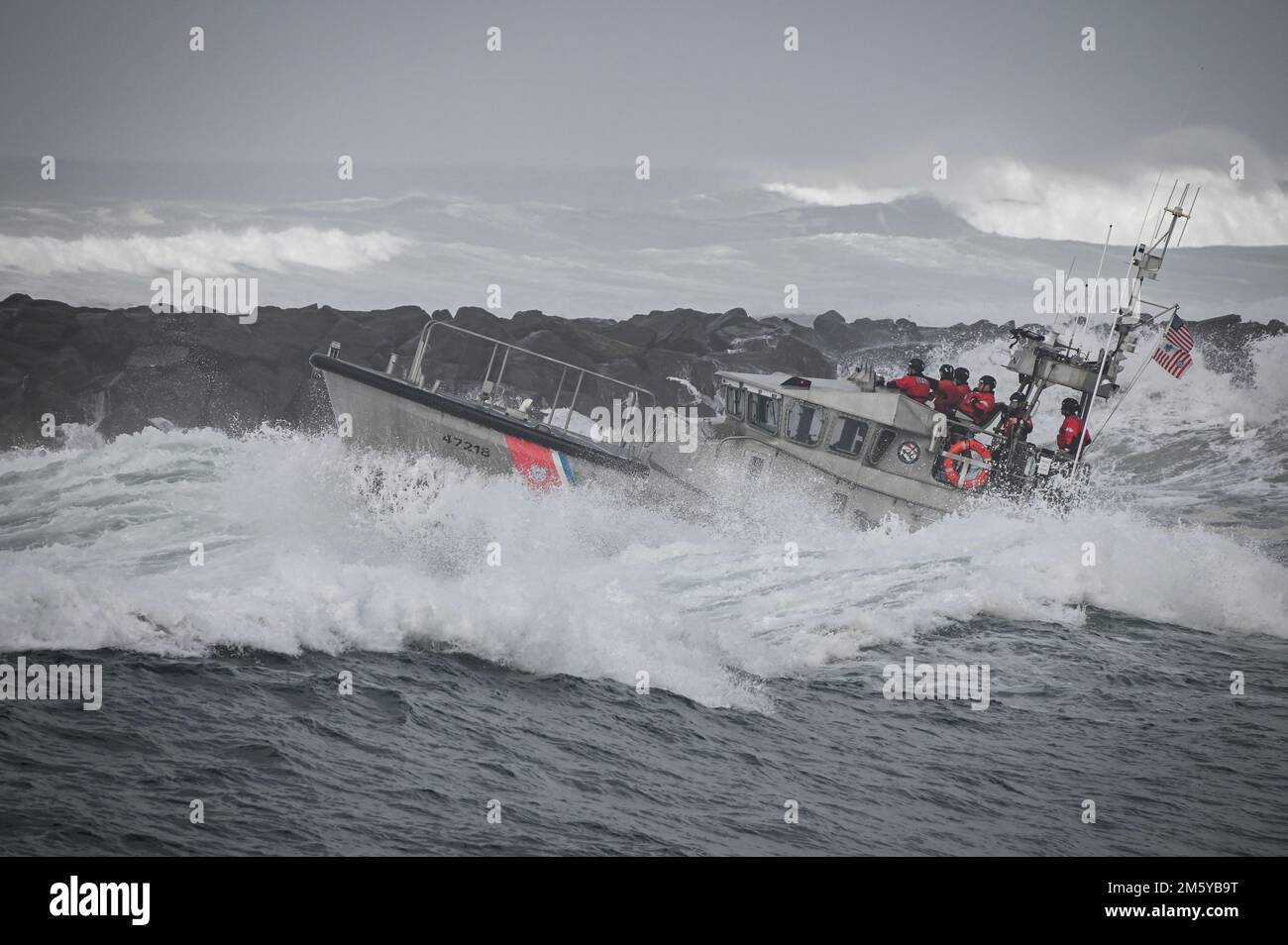 A crew aboard a 47foot Motor Lifeboat from Coast Guard Station Umpqua River conducts surf