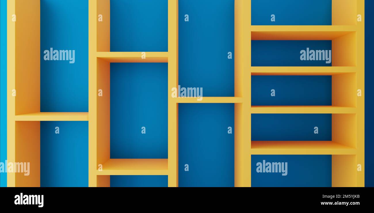 3d rendering of empty bookshelf yellow blue wall abstract minimal concept background trendy. Scene for advertising, show, technology, banner, kid Stock Photo