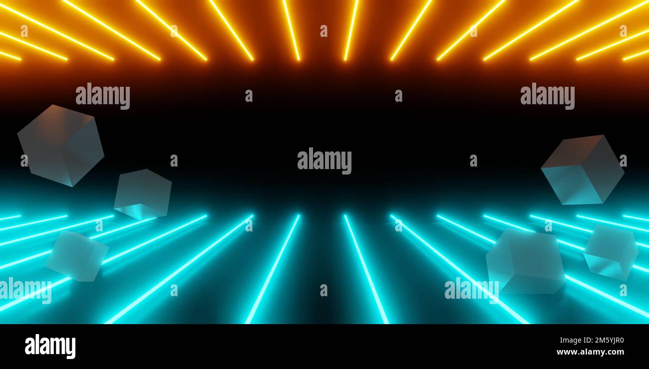 3d rendering of orange blue glowing neon light abstract background and ...