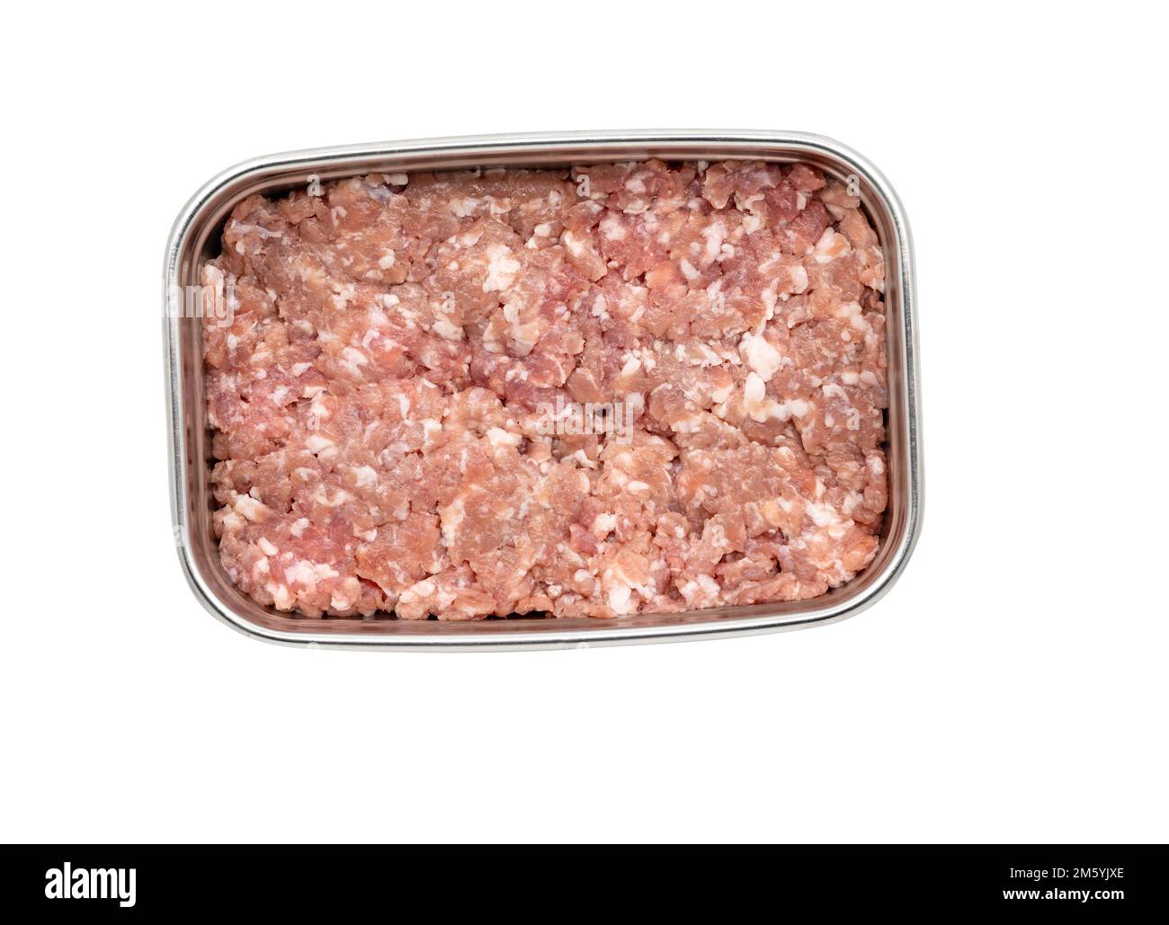 Isolated ground pork or minced pork in a stainless steel container on white background, above view. Stock Photo
