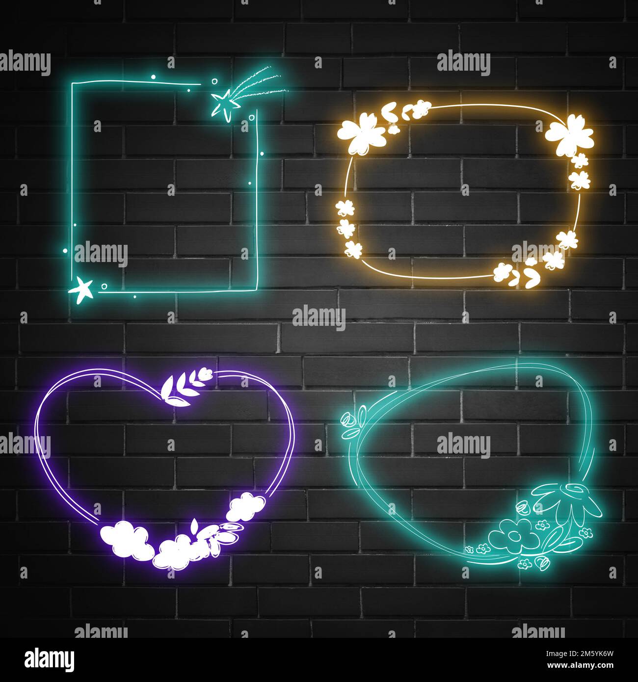 Neon frame vector planet floral pattern set Stock Vector