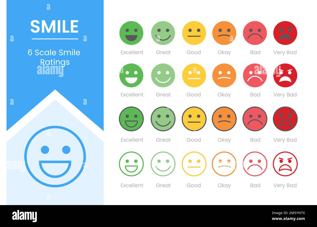 smile rating customer experience with 6 symbol concept icon set collection pack with modern flat
