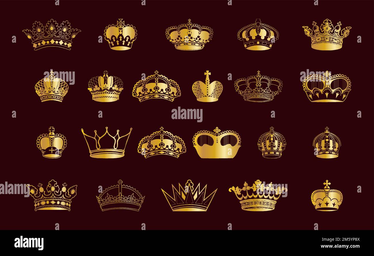 Gold Crown Luxury Symbol Icon Set Gold Crown For Royal King Queen