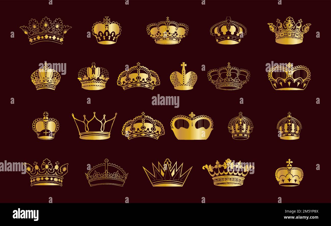 Gold Crown Luxury Symbol Icon Set. Gold Crown For Royal King, Queen