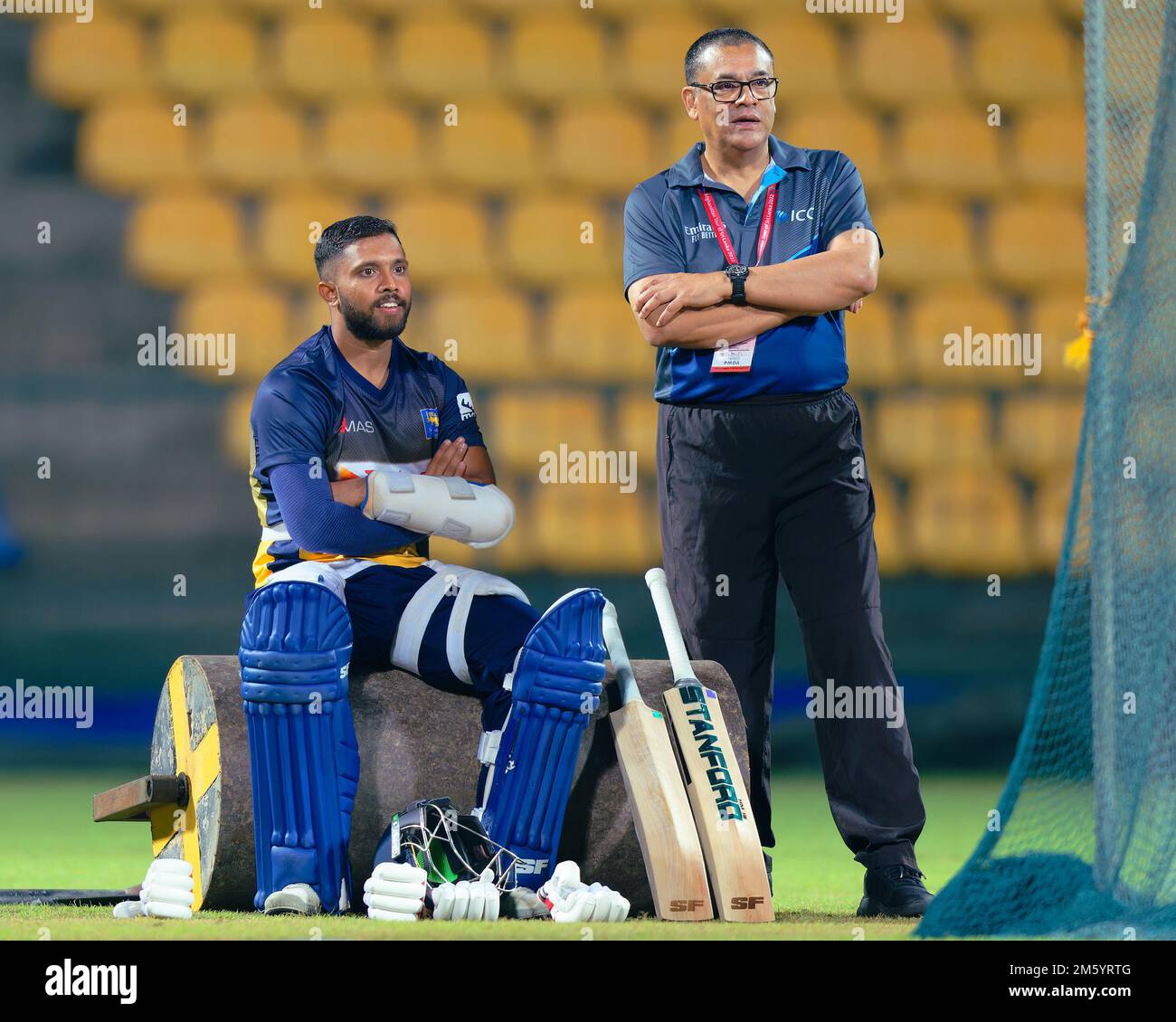 Sri Lanka's Kusal Mendis and Ranjan Madugalle having a chat during a ...