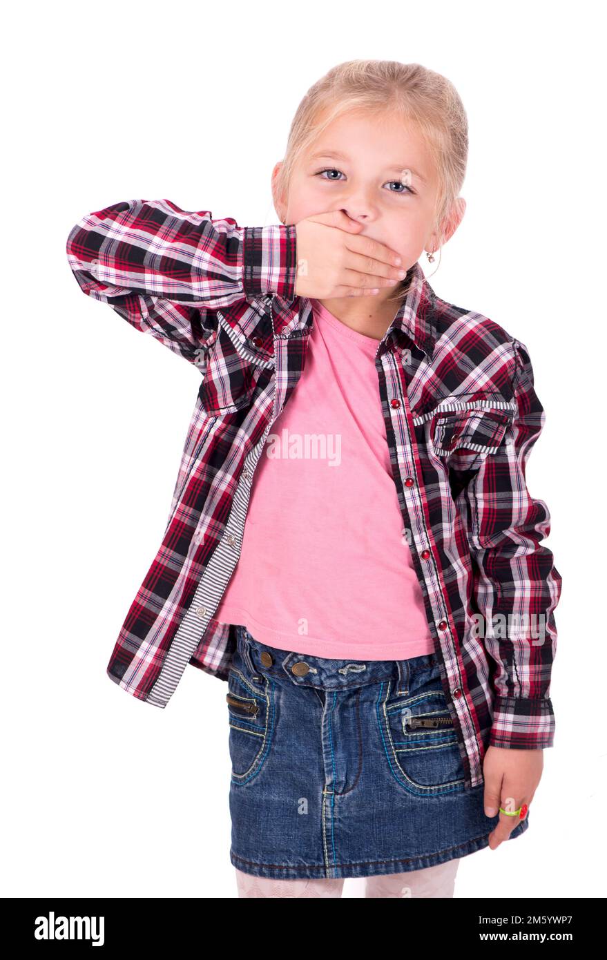 The studio shot a portrait of a thoughtful little girl who closes her