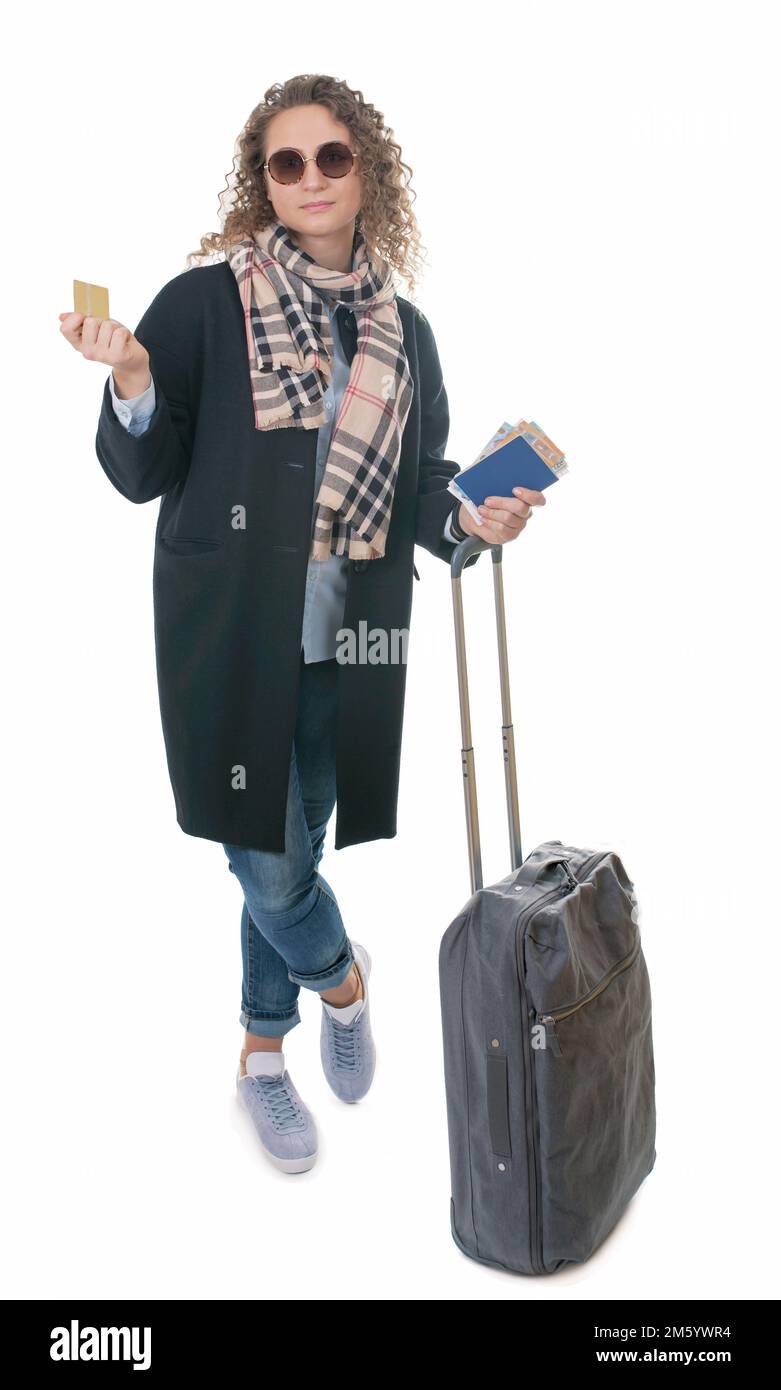 tourism, vacation, young girl with travel bag, on a white background Stock Photo