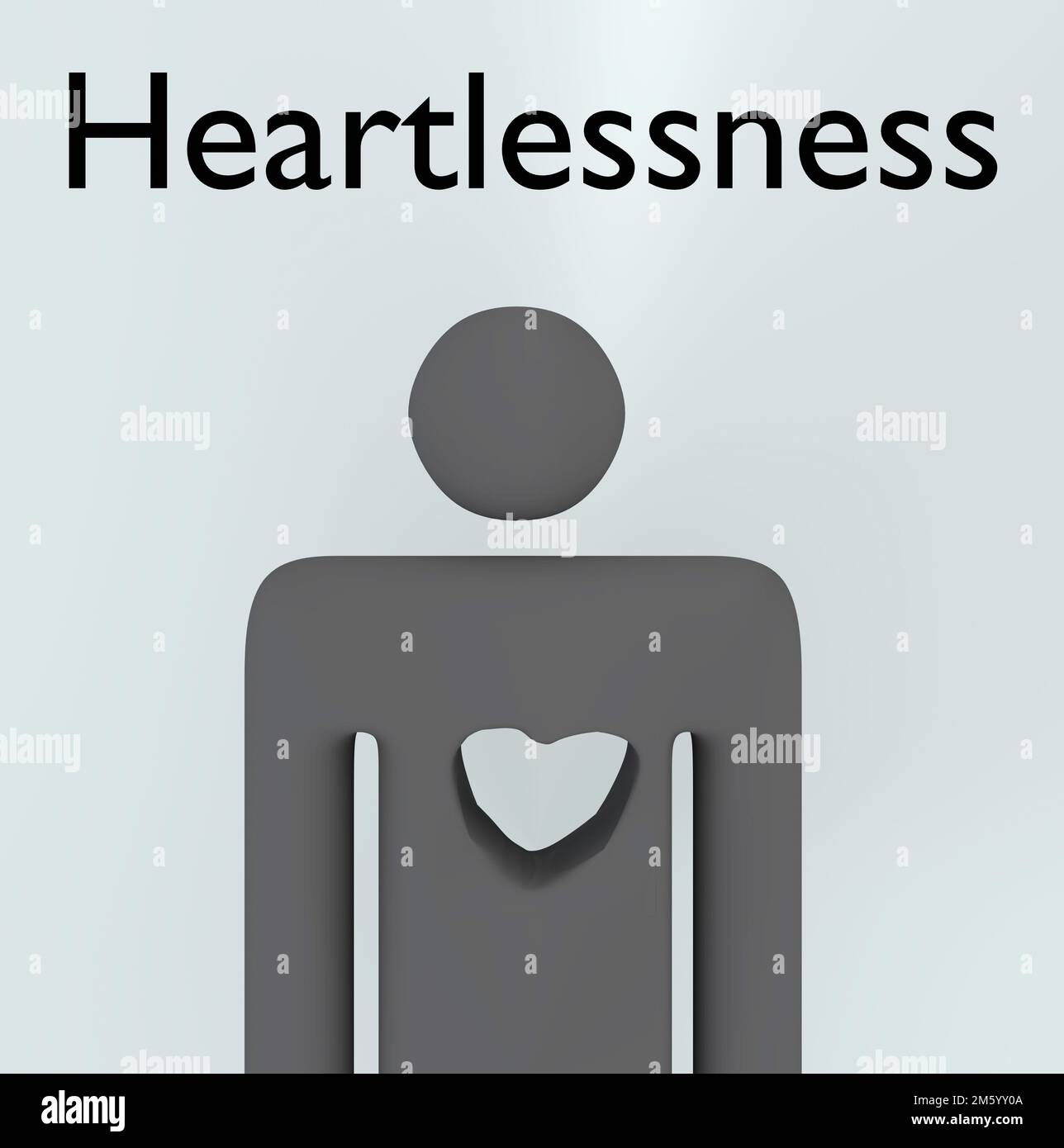 3D illustration of a man silhouette with hole in its chest shaped as symbolic heart, and Heartlessness script. Stock Photo
