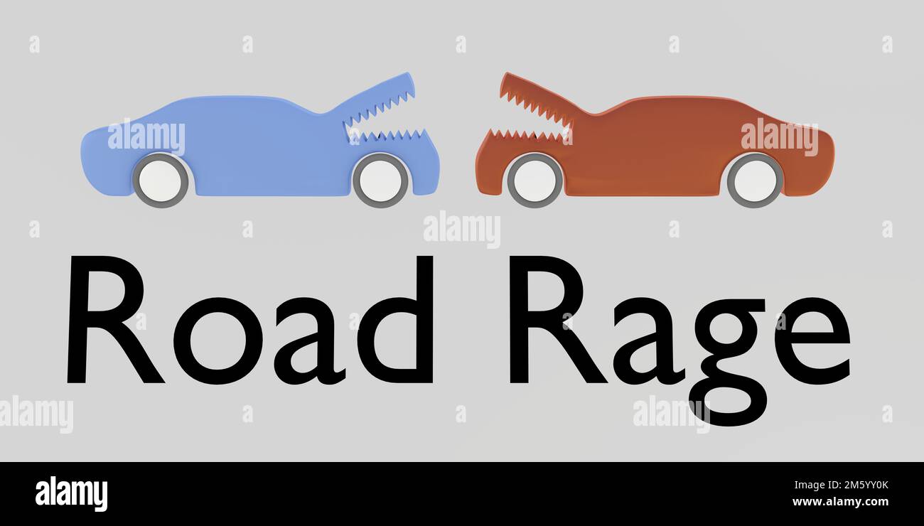 3D illustration of Road Rage title under a two cars costumed as animal furious confrontation at road Stock Photo