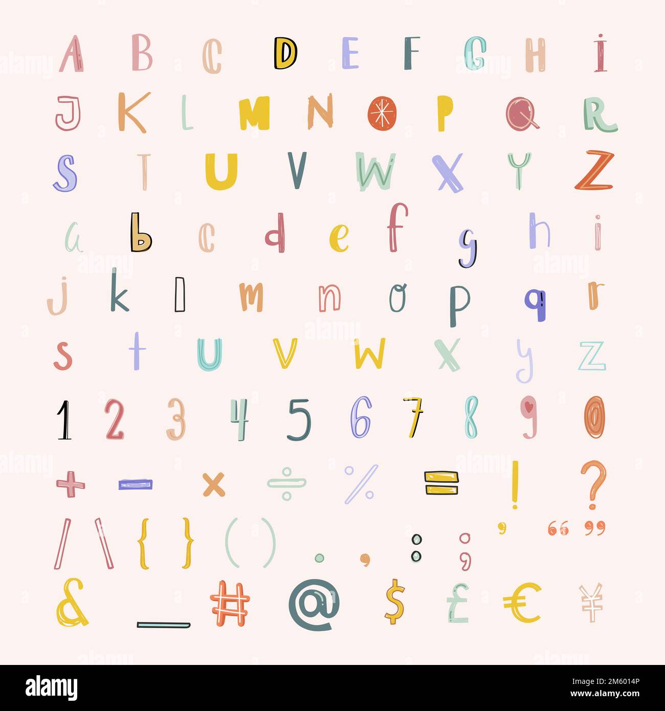 Alphabet numbers punctuations vector doodle font pastel set Stock Vector