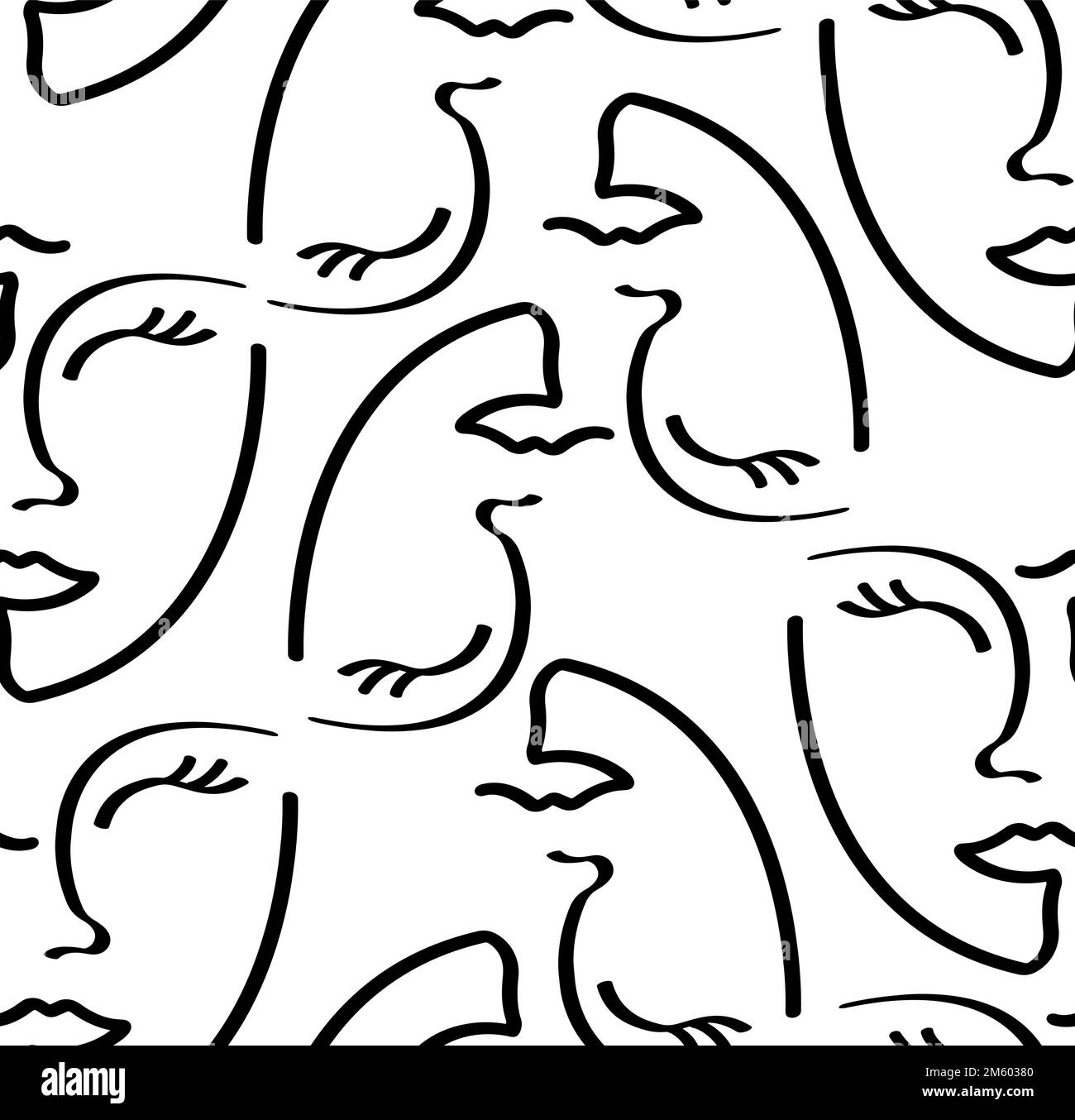 Roughly drawn historic eye, mouth and nose. Seamless pattern Stock