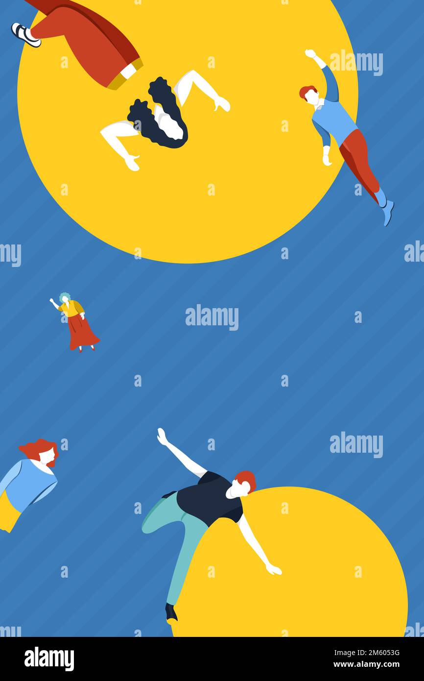 Diverse characters on yellow round pattern blue background vector Stock ...