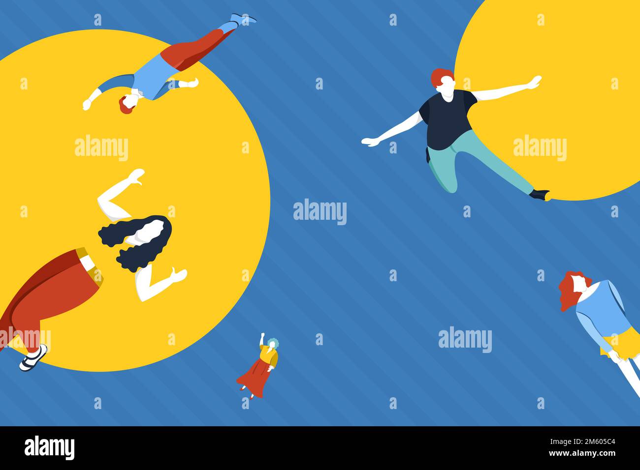 Diverse characters on yellow round pattern blue background vector Stock ...