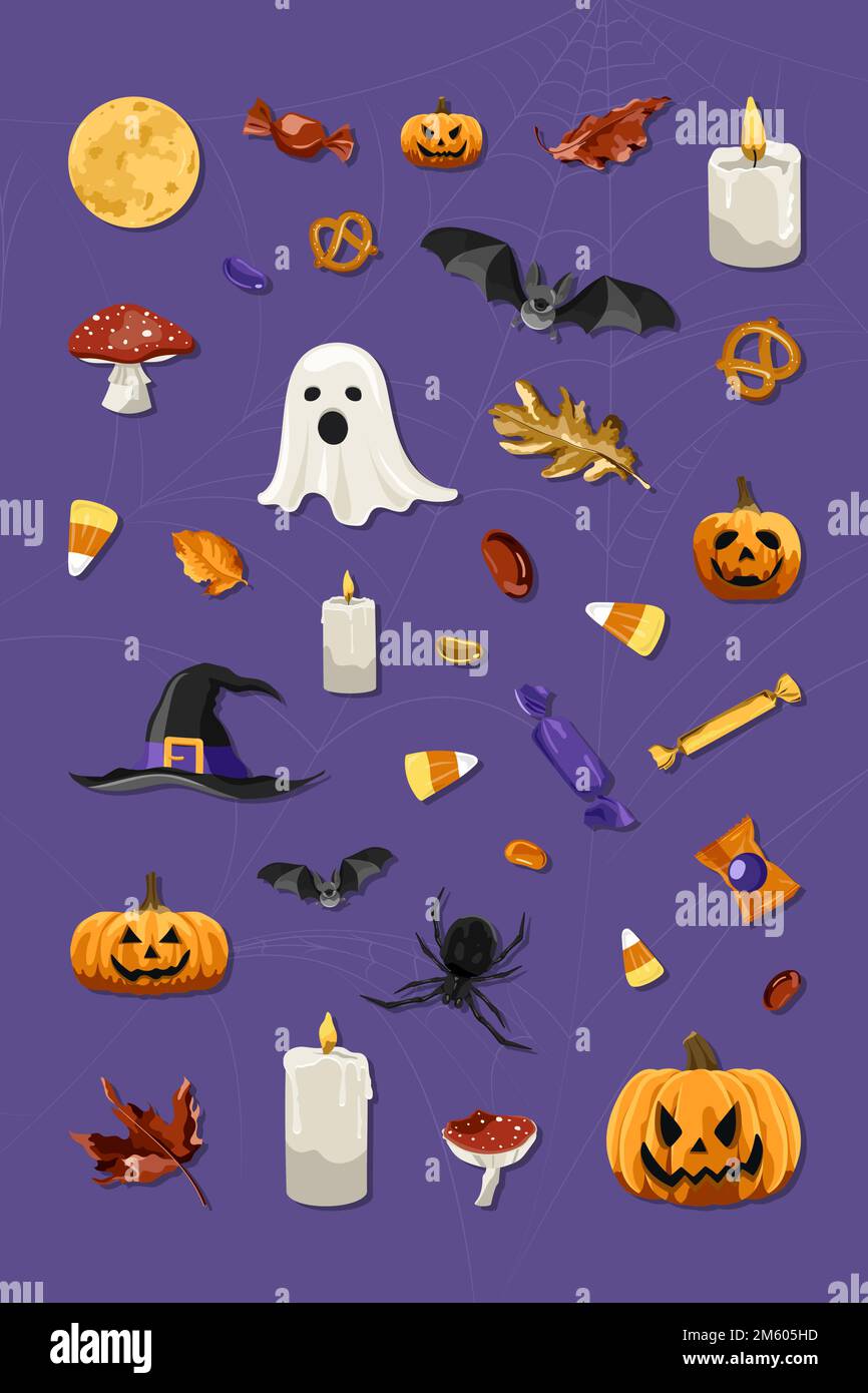 Halloween elements set on purple background vector Stock Vector