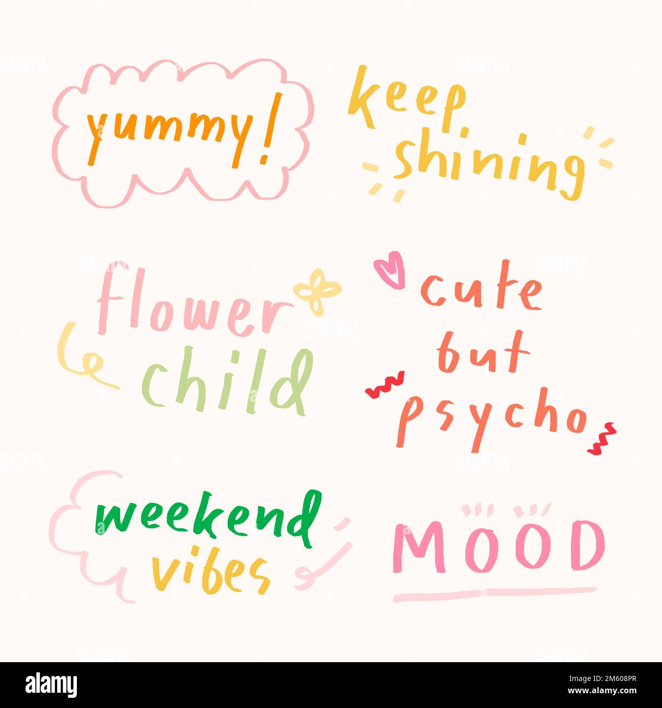 Cute pastel doodle typography set on a beige background vector Stock Vector