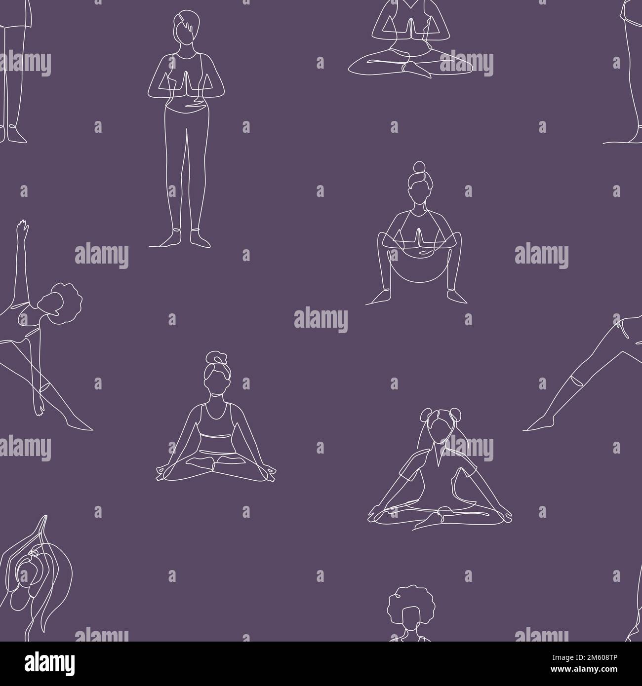Seamless pattern with single line drawings of a girl sitting and ...