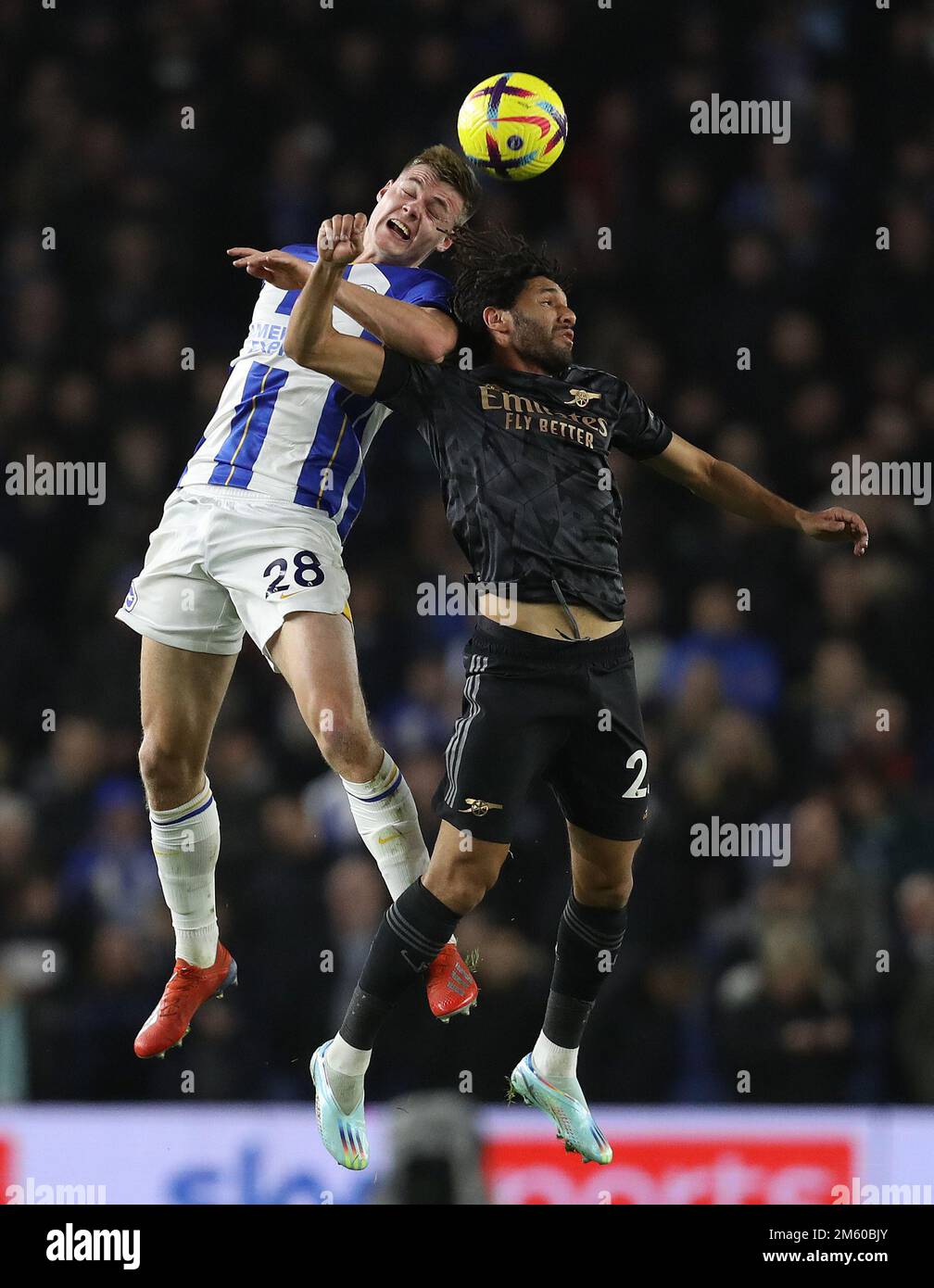 Brighton and Hove, UK. 31st Dec, 2022. Evan Ferguson of Brighton and Hove Albion and Reiss Nelson of Arsenal challenge for the ball during the Premier League match at the AMEX Stadium, Brighton and Hove. Picture credit should read: Paul Terry/Sportimage Credit: Sportimage/Alamy Live News Stock Photo