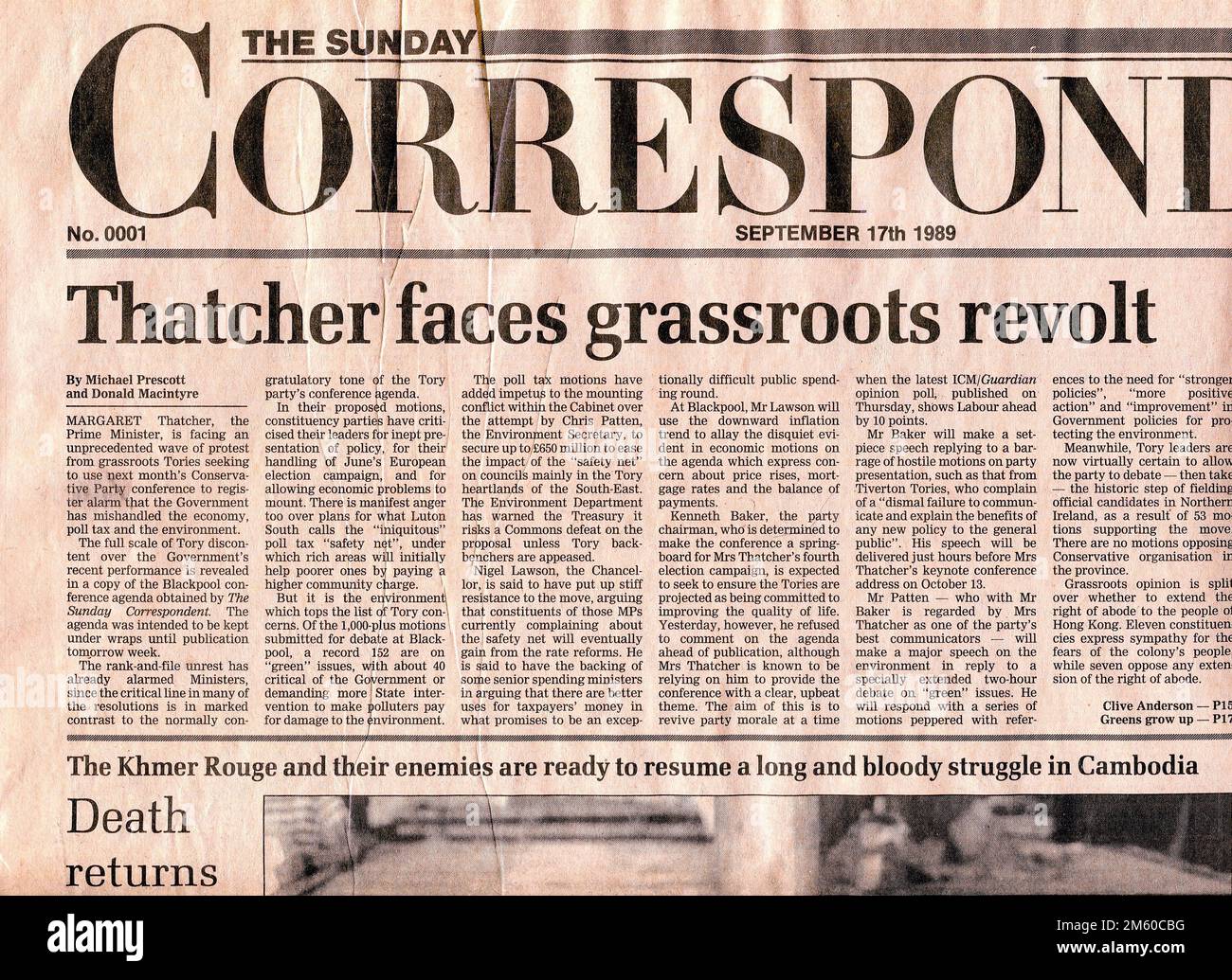 Launch issue of British national Sunday newspaper The Sunday Correspondent which was first published on September 17, 1989. It ceased publication in November 1990. Stock Photo