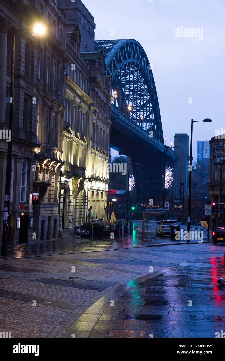 Tyne Bridge Newcastle at night from quayside Stock Photo