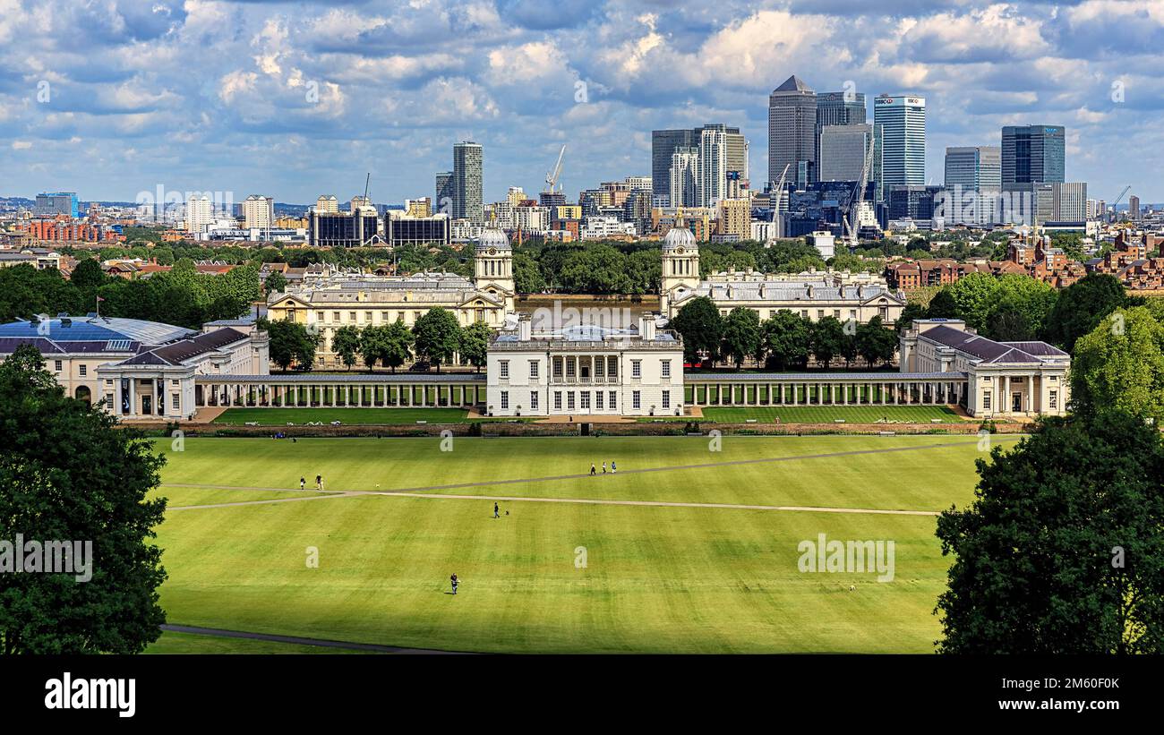 View of Queens House, Royal Naval College and Canary Wharf, London Skyline, Greenwich Park, England, United Kingdom Stock Photo