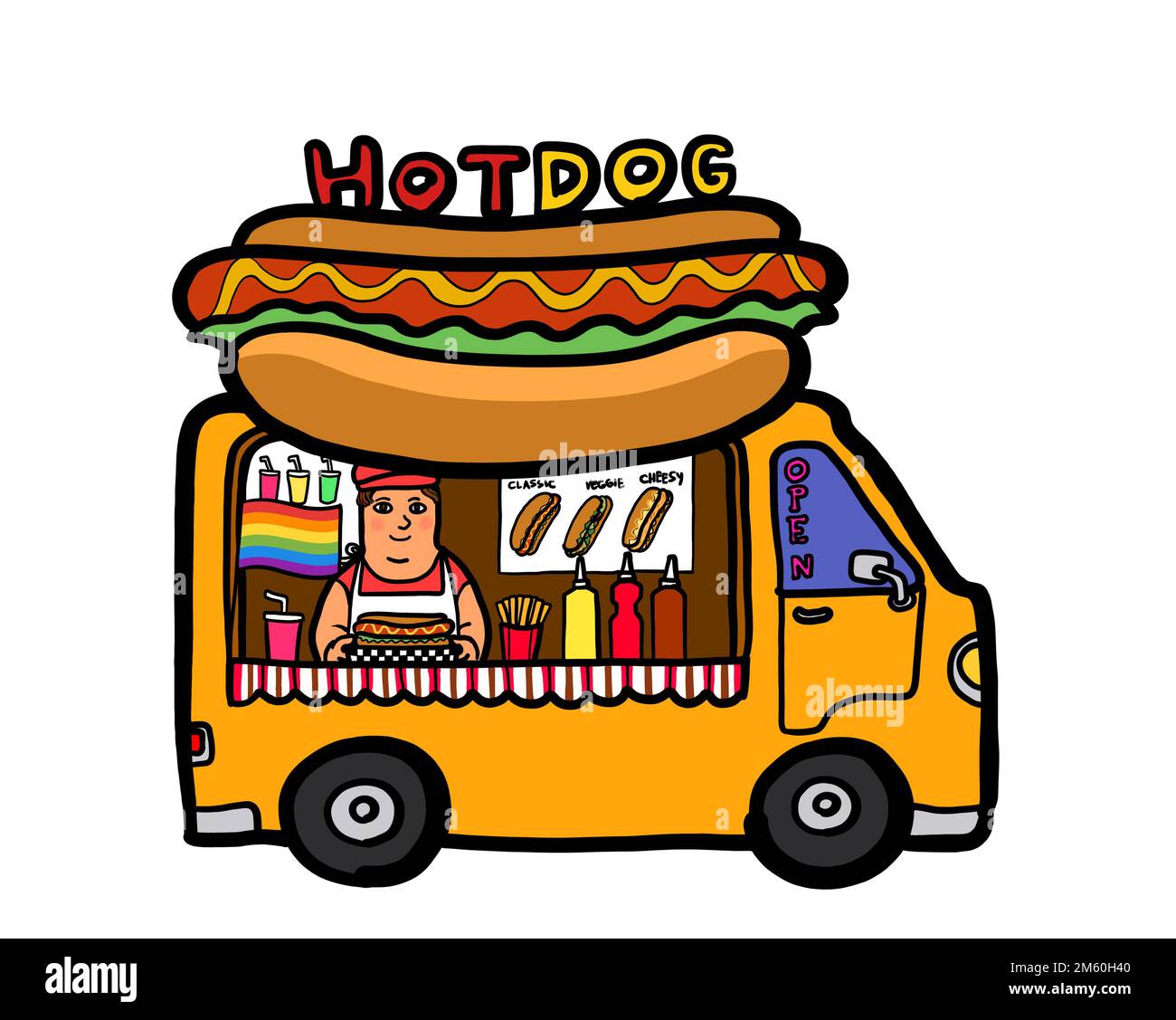 Gay pride rainbow street food truck with a person selling take away hot dog. Outdoor food and drink concept. Stock Photo