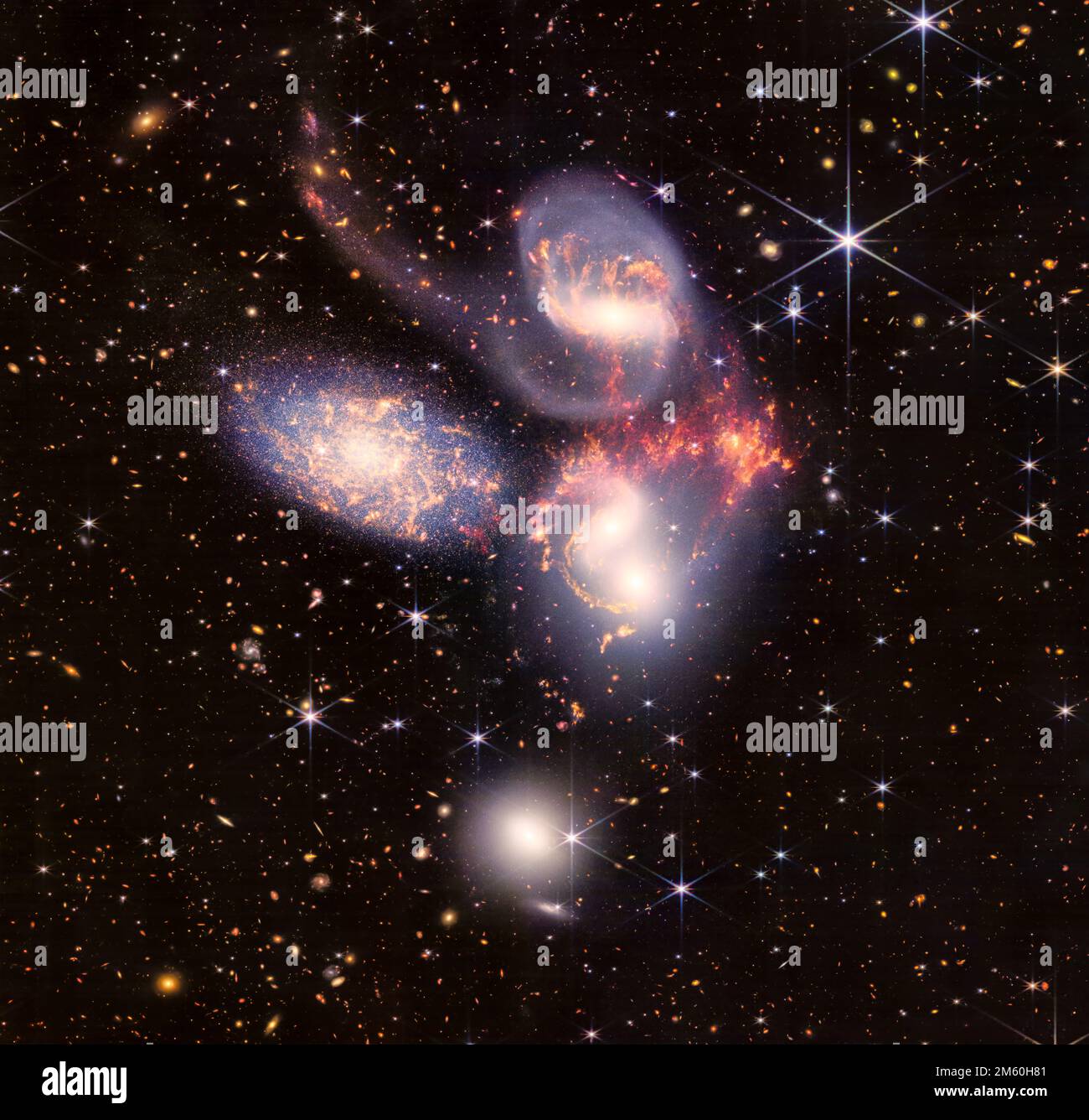 Stephans Quintet. For NASA usage guidelines: refer to https://www.nasa.gov/multimedia/guidelines/index.htm Stock Photo